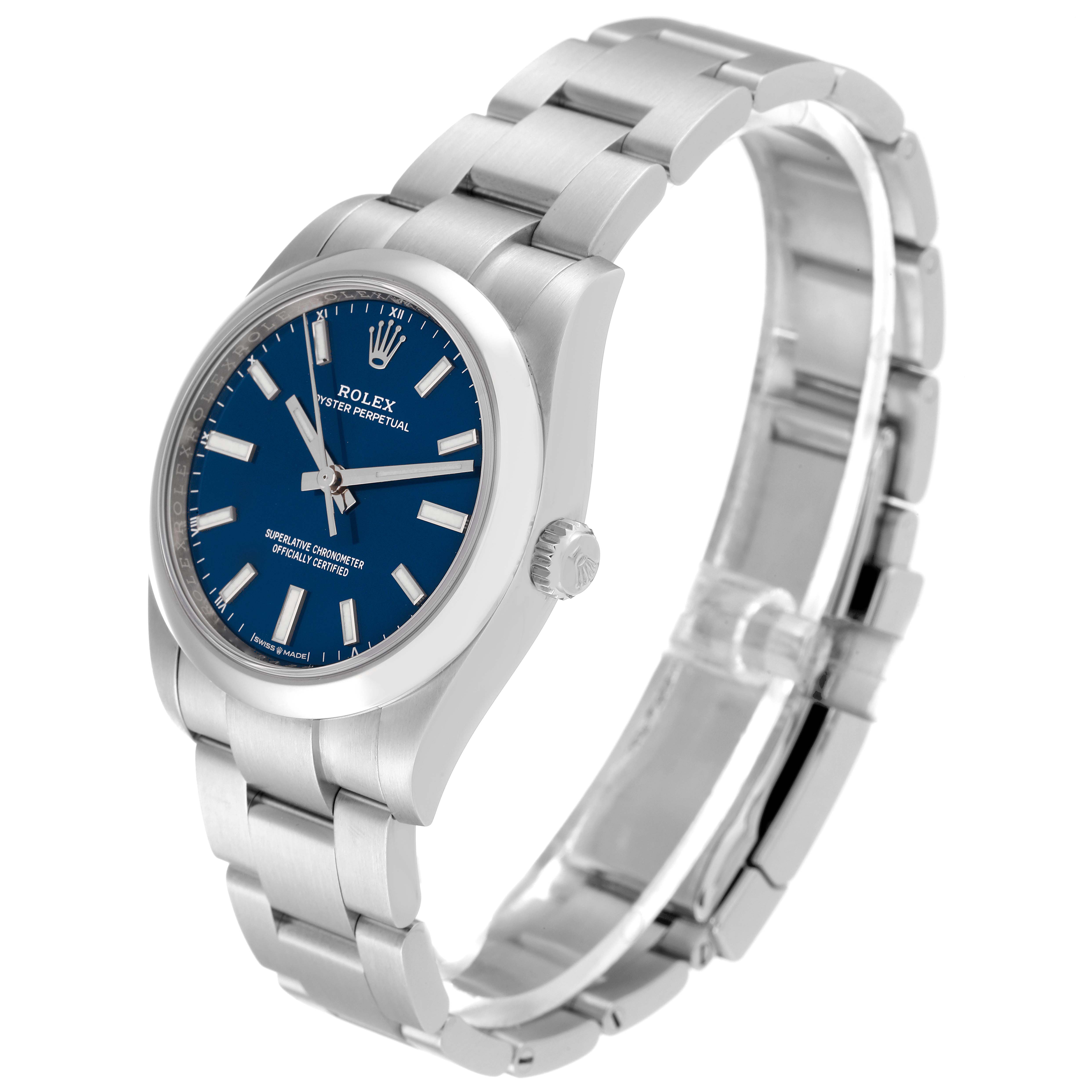 The image shows a Rolex Oyster Perpetual 124200 Men
s Stainless Steel Blue Dial 124200 Men
s Stainless Steel Blue Dial watch at a three-quarter angle, highlighting the watch face, crown, and metal bracelet.