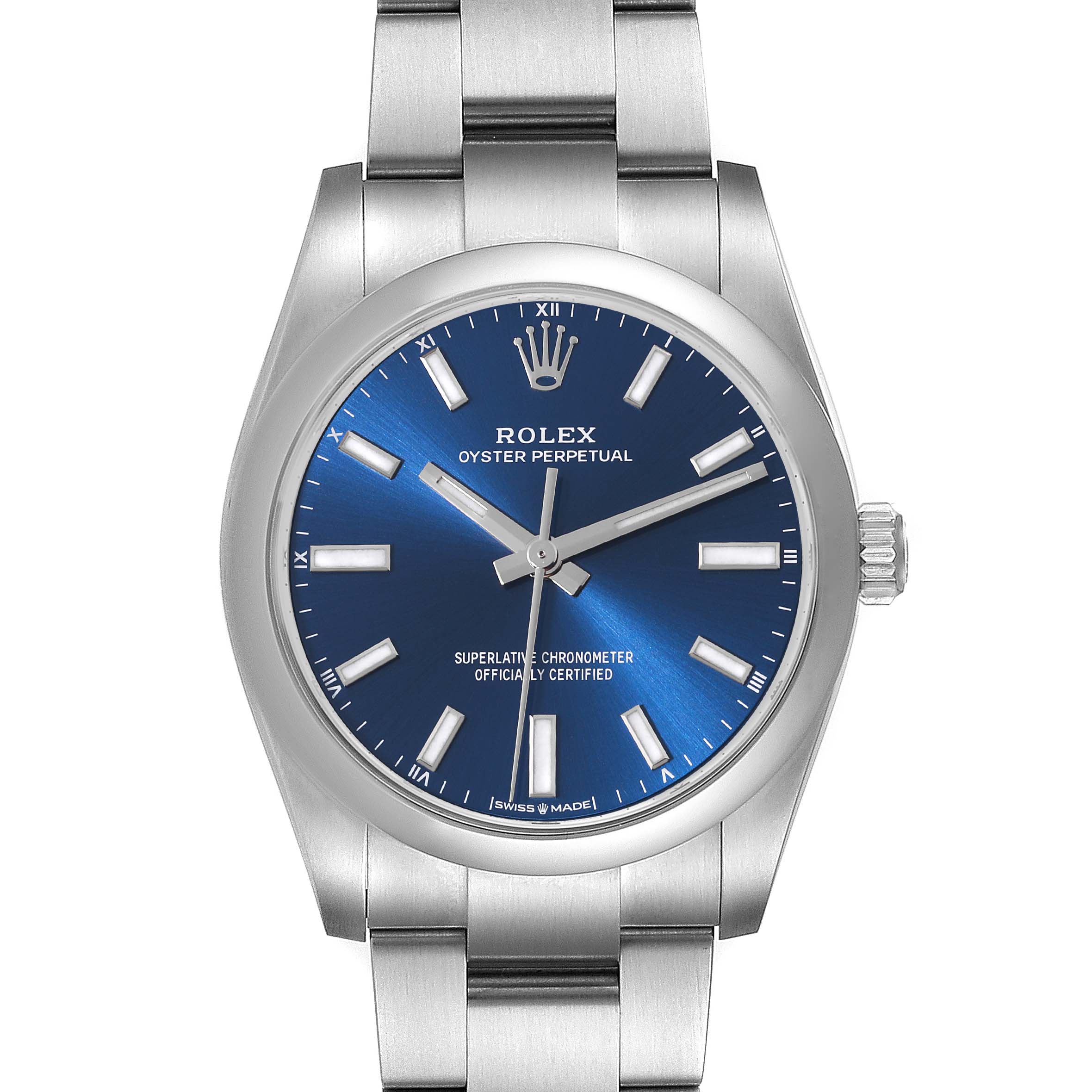 This image shows a front view of a Rolex Oyster Perpetual 124200 Men
s Stainless Steel Blue Dial 124200 Men
s Stainless Steel Blue Dial watch highlighting the blue dial and stainless steel bracelet.