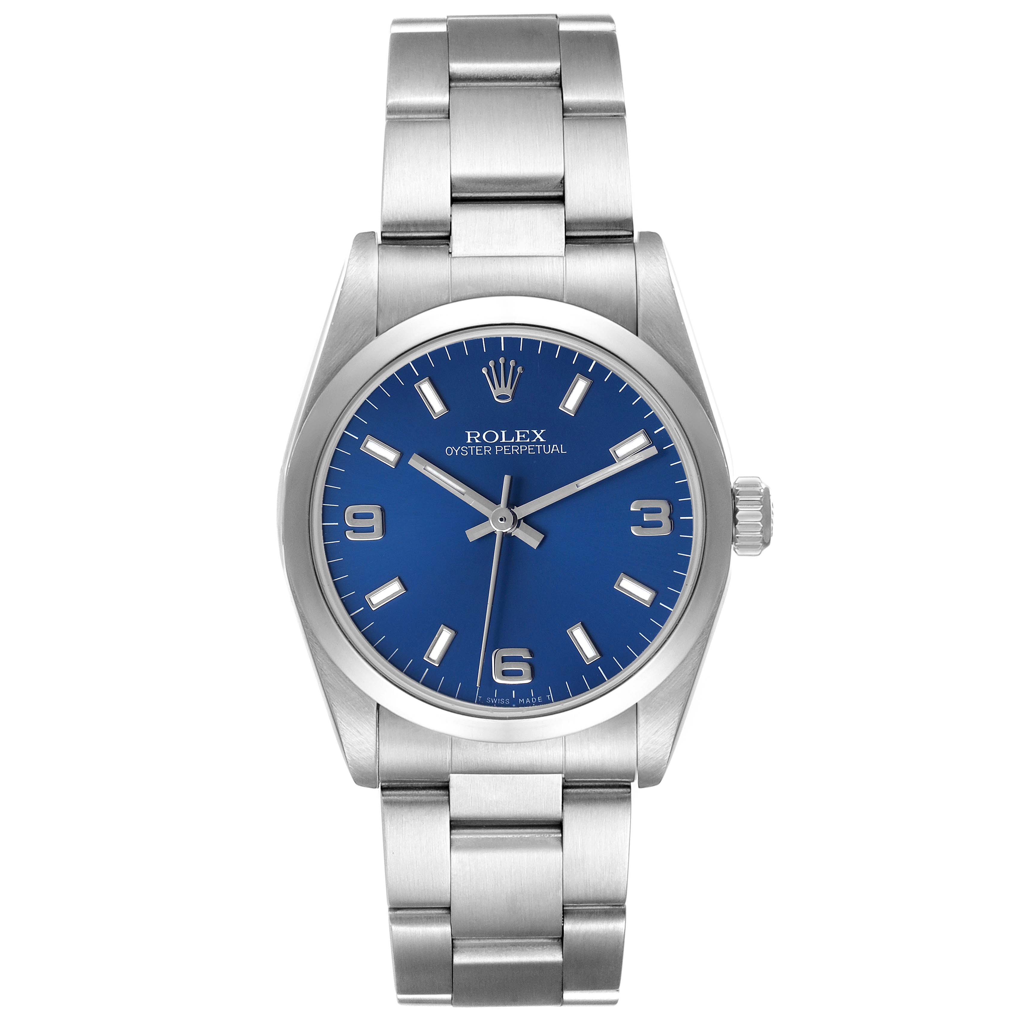 The Rolex Oyster Perpetual Mid-Size watch is shown from the front, displaying its face, bracelet, and crown.