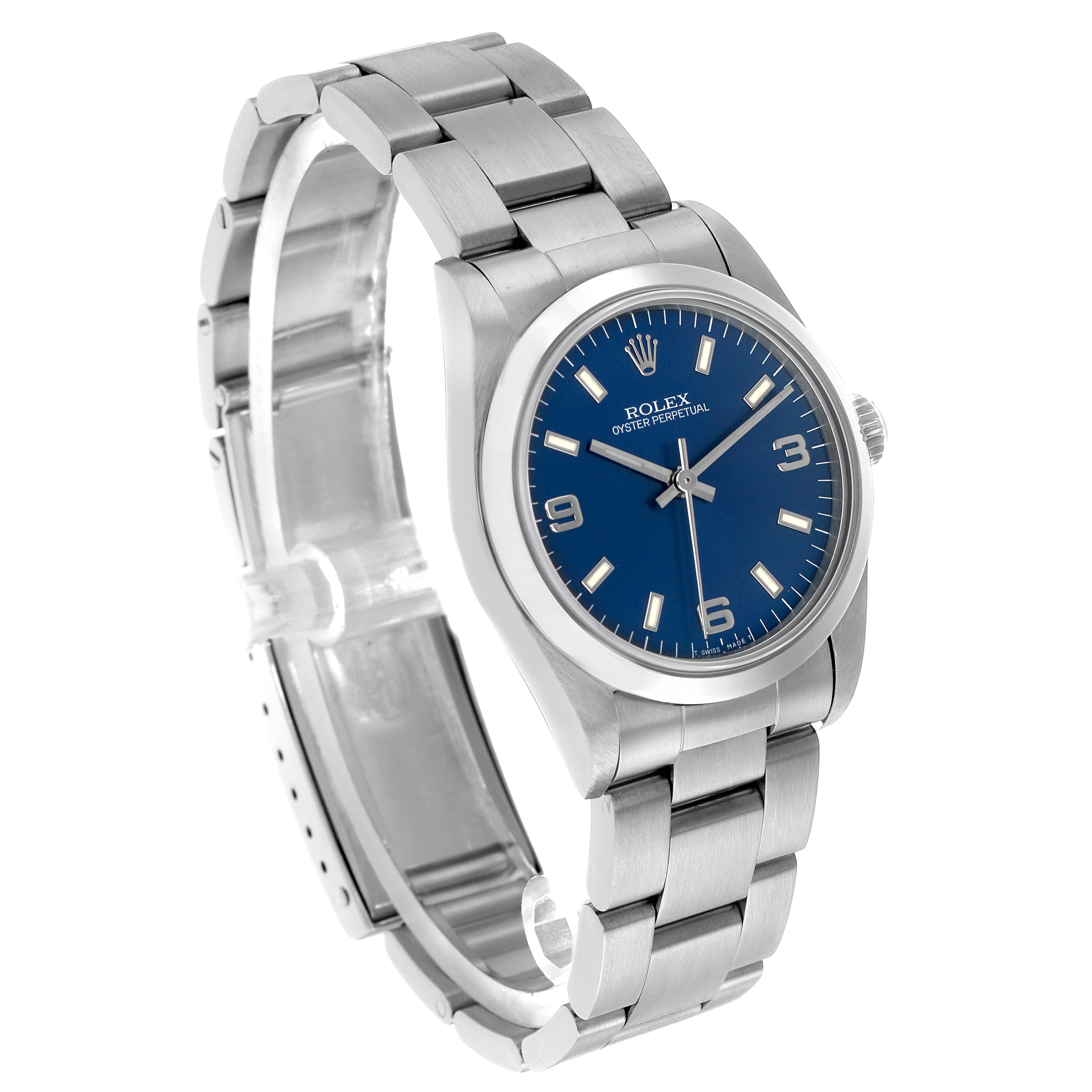 The Rolex Mid-Size 67480 Women's Stainless Steel Blue Dial model watch is shown from a front angle, highlighting the blue dial, stainless steel case, and bracelet.