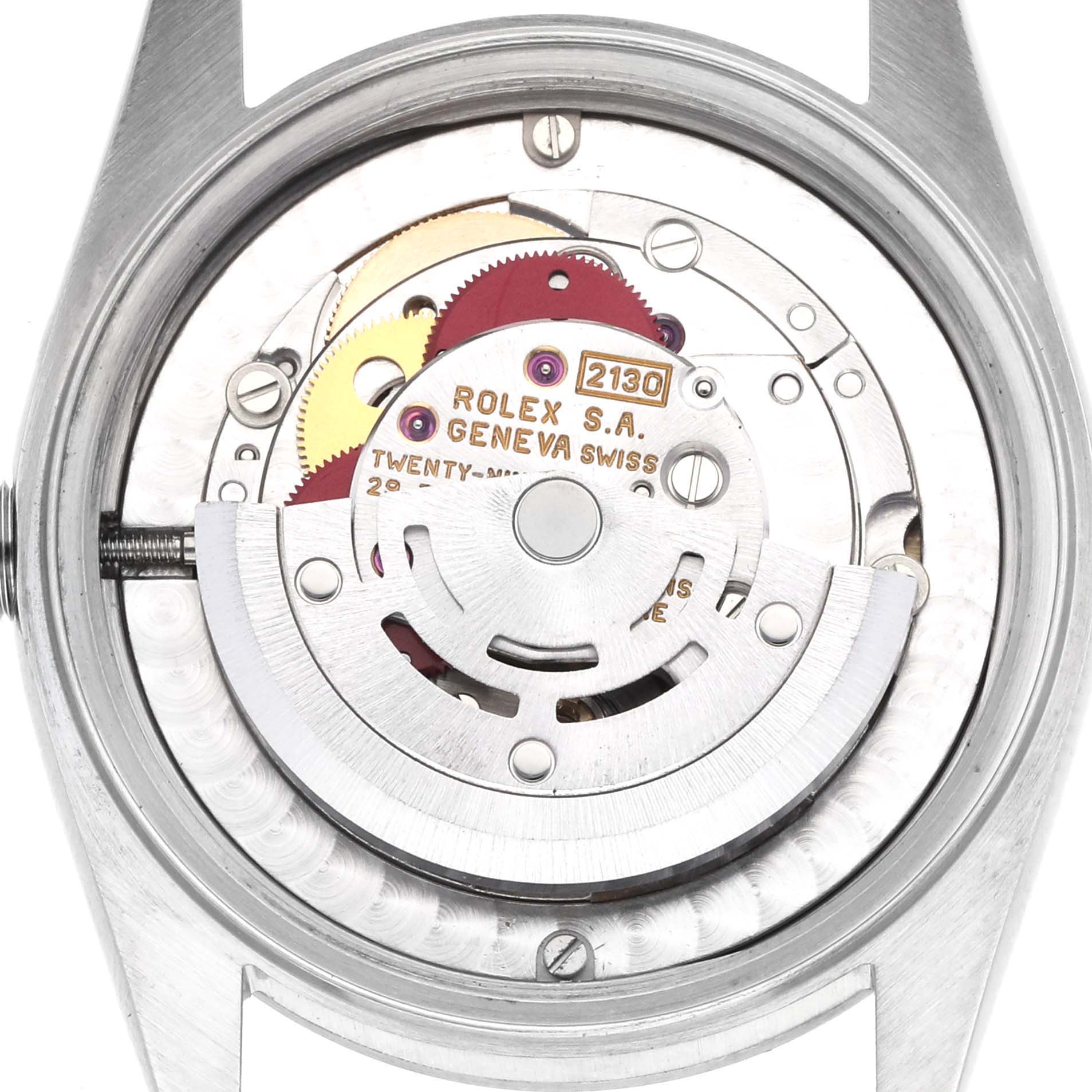 The image shows the movement of a Rolex Mid-Size 67480 Women's Stainless Steel Blue Dial watch from a top-down angle, highlighting its intricate mechanism.