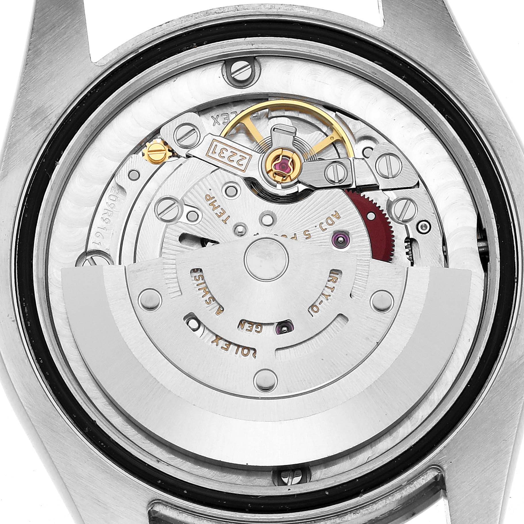 The image shows a top-down view of the movement inside a Rolex Mid-Size 177200 Women's Stainless Steel White Dial watch.