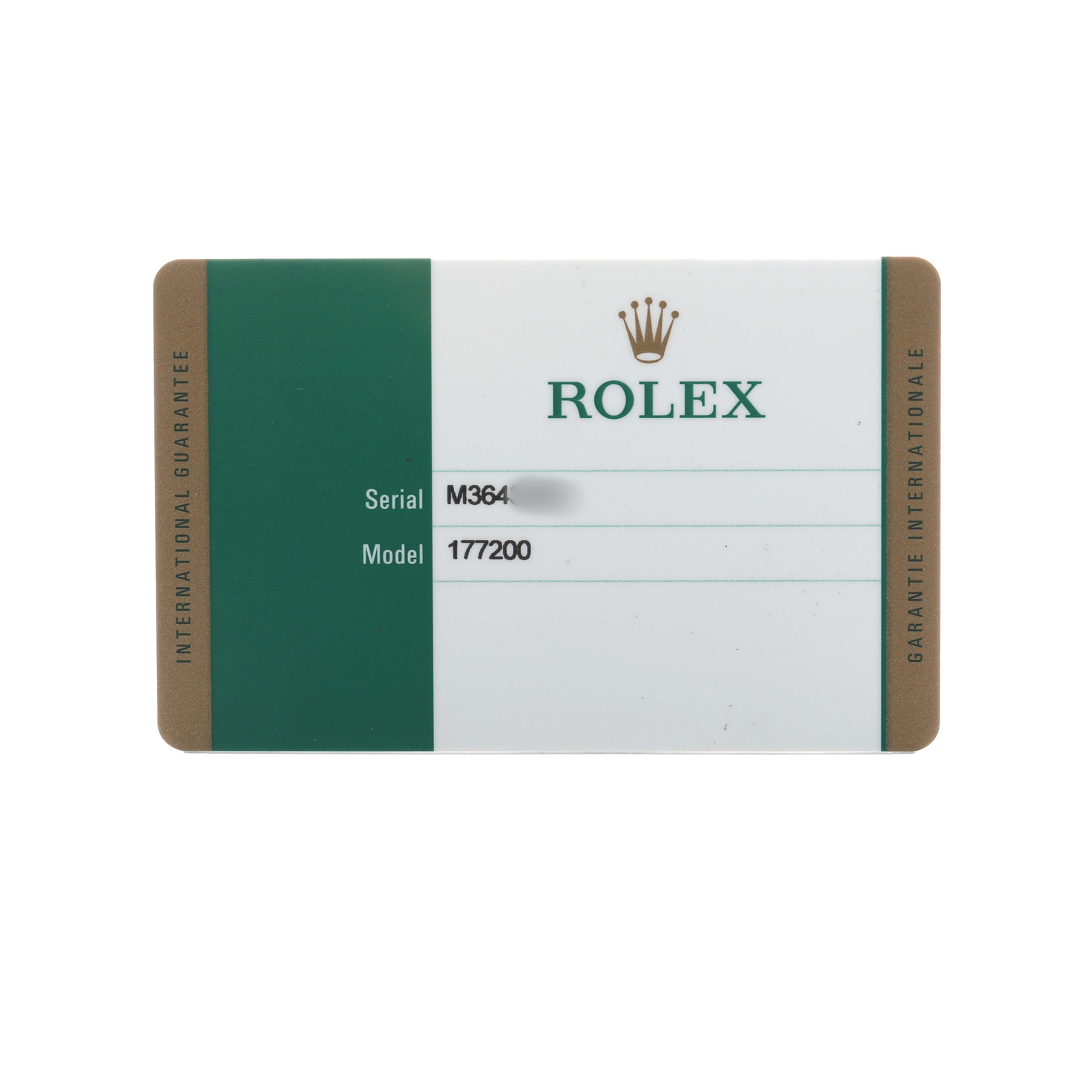 The image shows a Rolex international guarantee card for the Mid-Size model 177200.