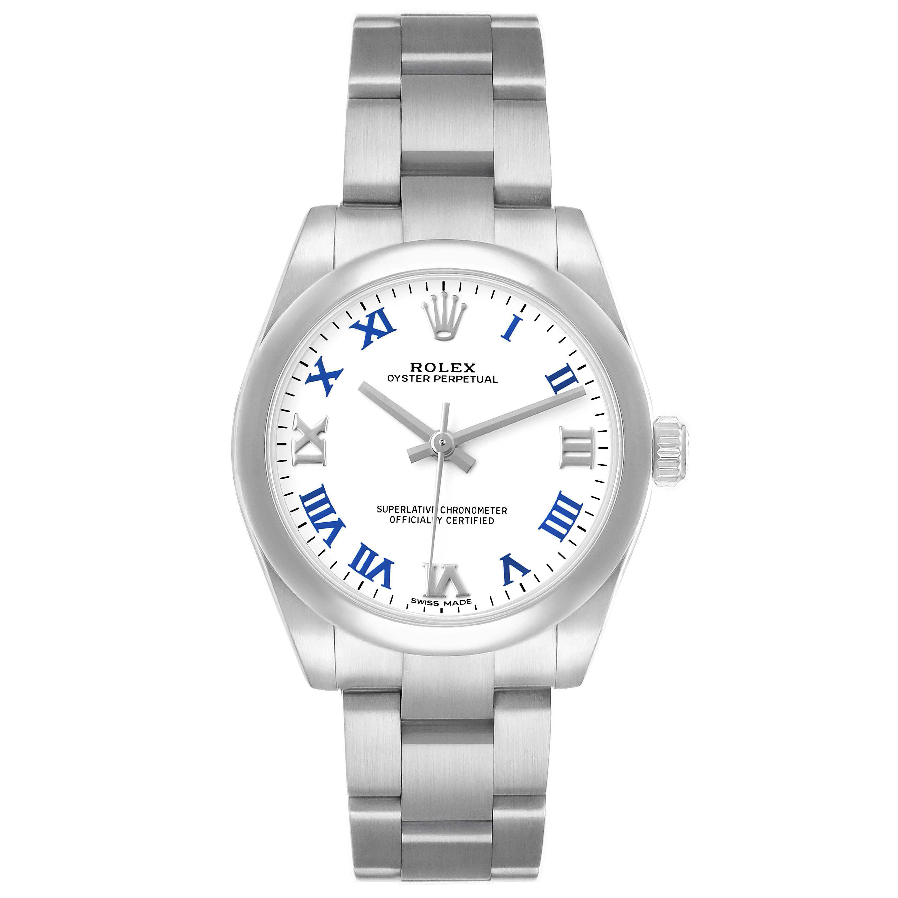 The Rolex Mid-Size 177200 Women's Stainless Steel White Dial watch is shown from the front, displaying the face, bracelet, and side crown.