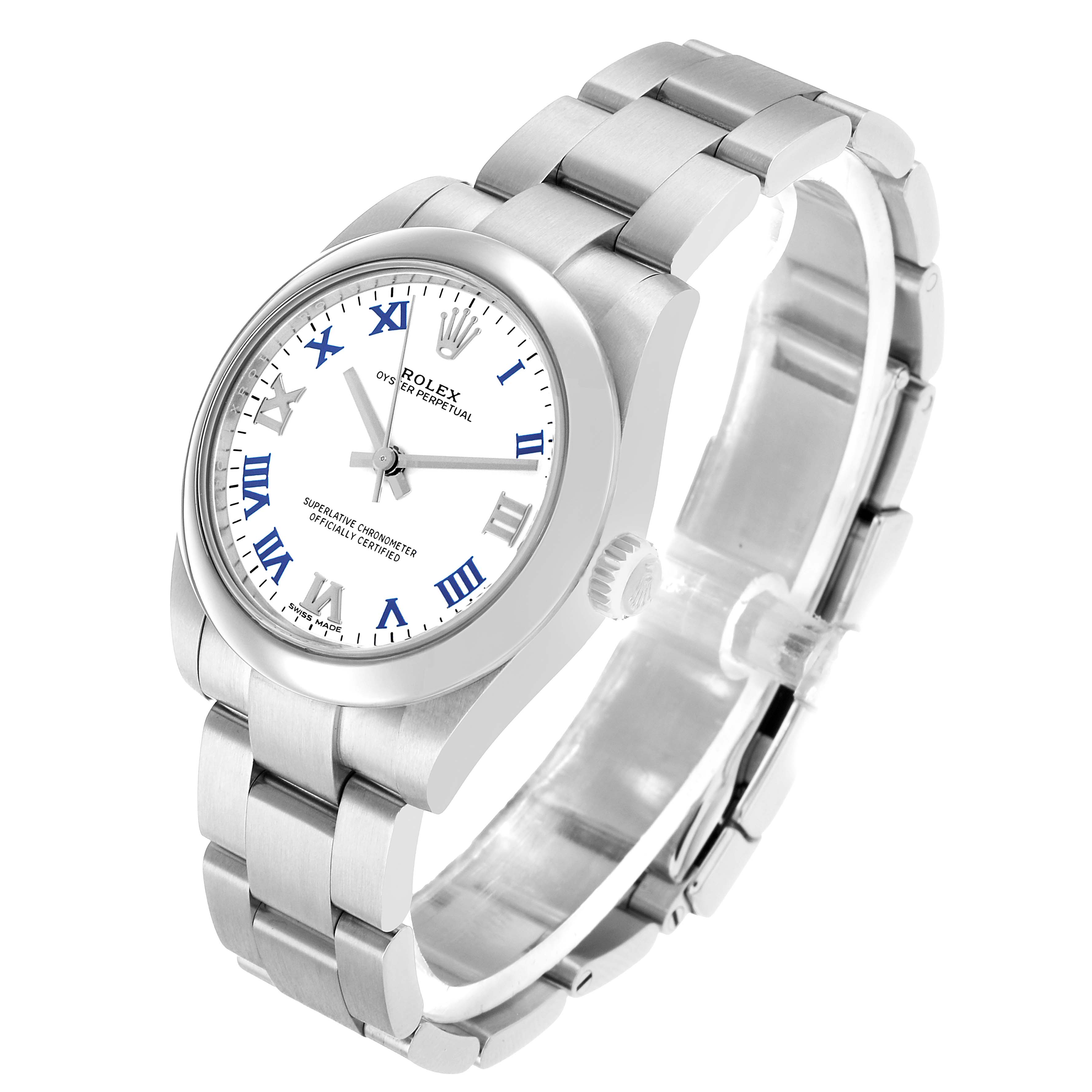 The Rolex Mid-Size 177200 Women's Stainless Steel White Dial watch is shown at a three-quarter angle, highlighting the dial, bezel, crown, and part of the bracelet.