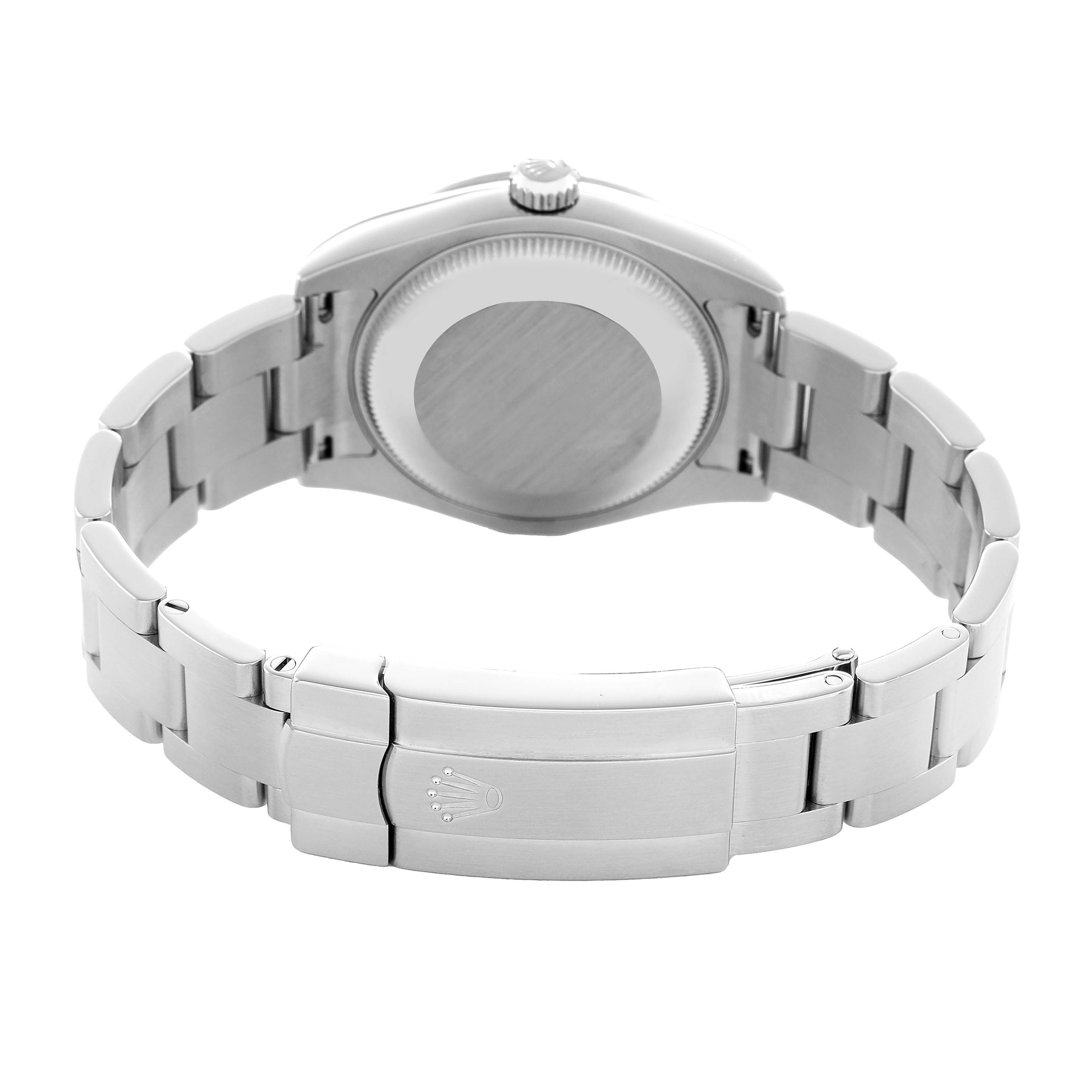 The image shows the back case and bracelet of a Rolex Mid-Size 177200 Women's Stainless Steel White Dial model watch at a slight top rear angle.