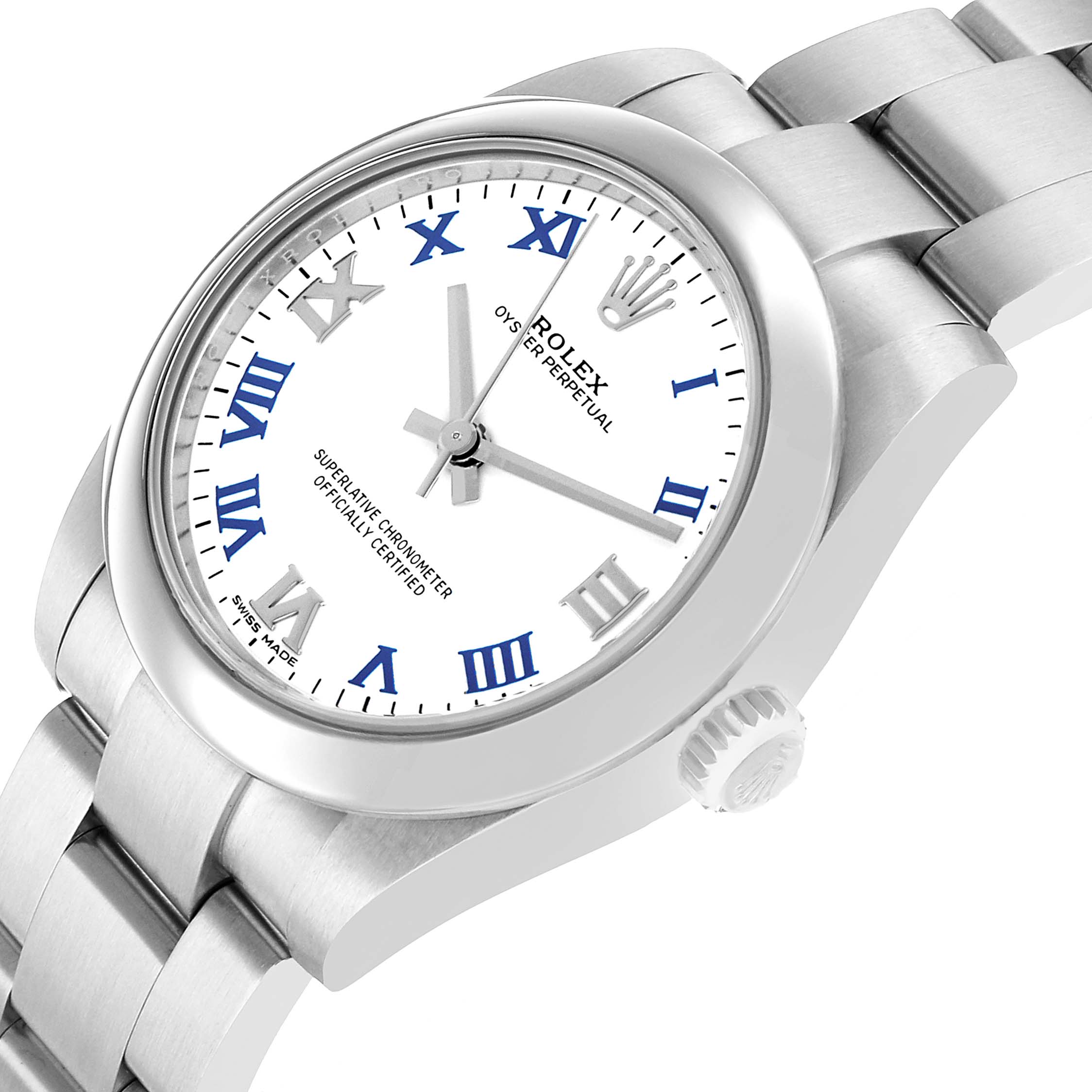 The Rolex Mid-Size 177200 Women's Stainless Steel White Dial is shown from a front-side angle, highlighting the bezel, dial, crown, and bracelet.