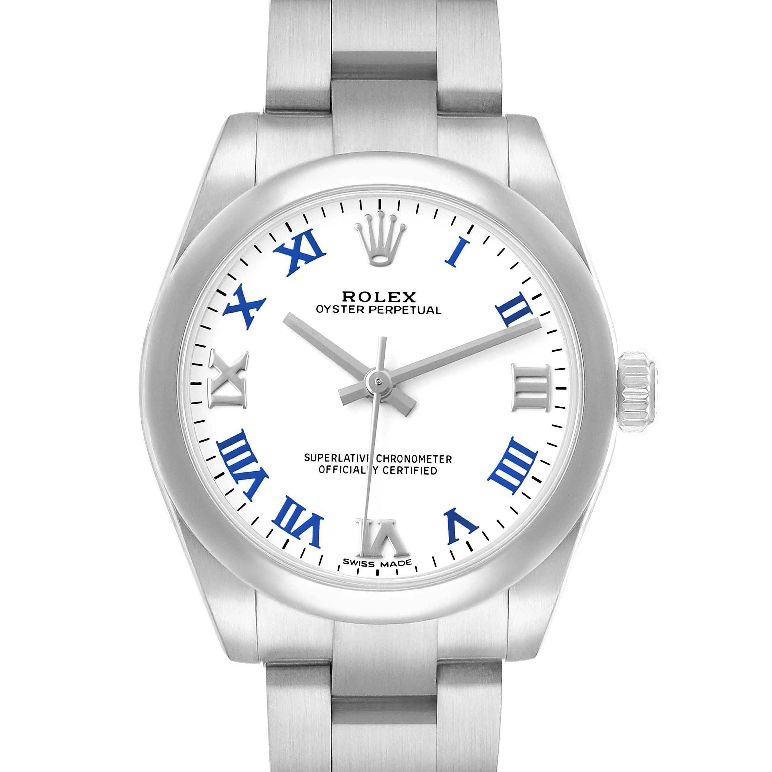 The Rolex Mid-Size 177200 Women's Stainless Steel White Dial watch is shown from the front, featuring its face, bezel, bracelet, and crown clearly.