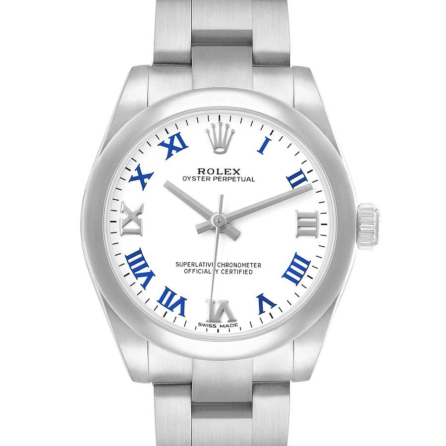The Rolex Mid-Size 177200 Women's Stainless Steel White Dial watch is shown from the front, featuring its face, bezel, bracelet, and crown clearly.