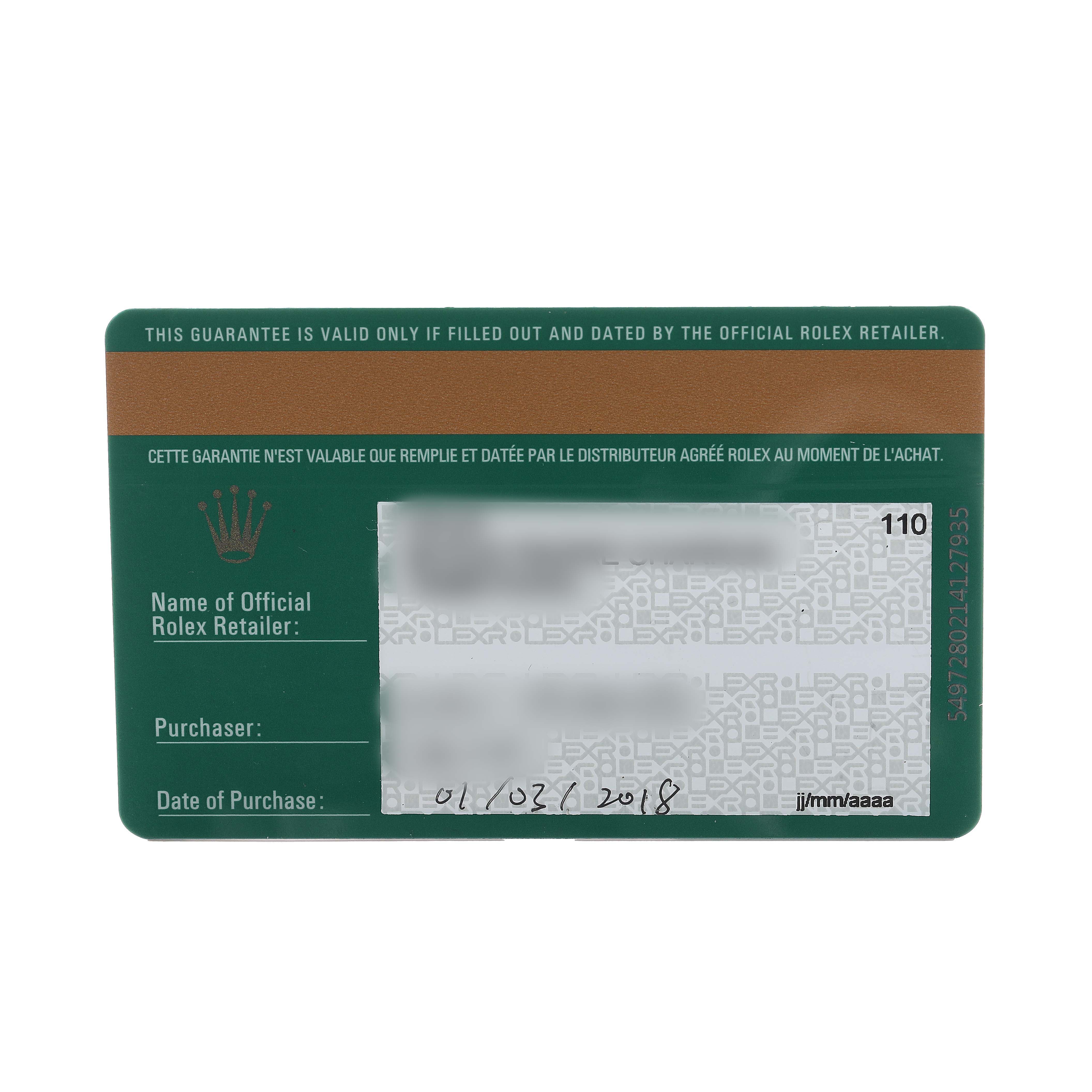 The image shows a Rolex warranty card for a Mid-Size model, displaying purchase details and retailer information.