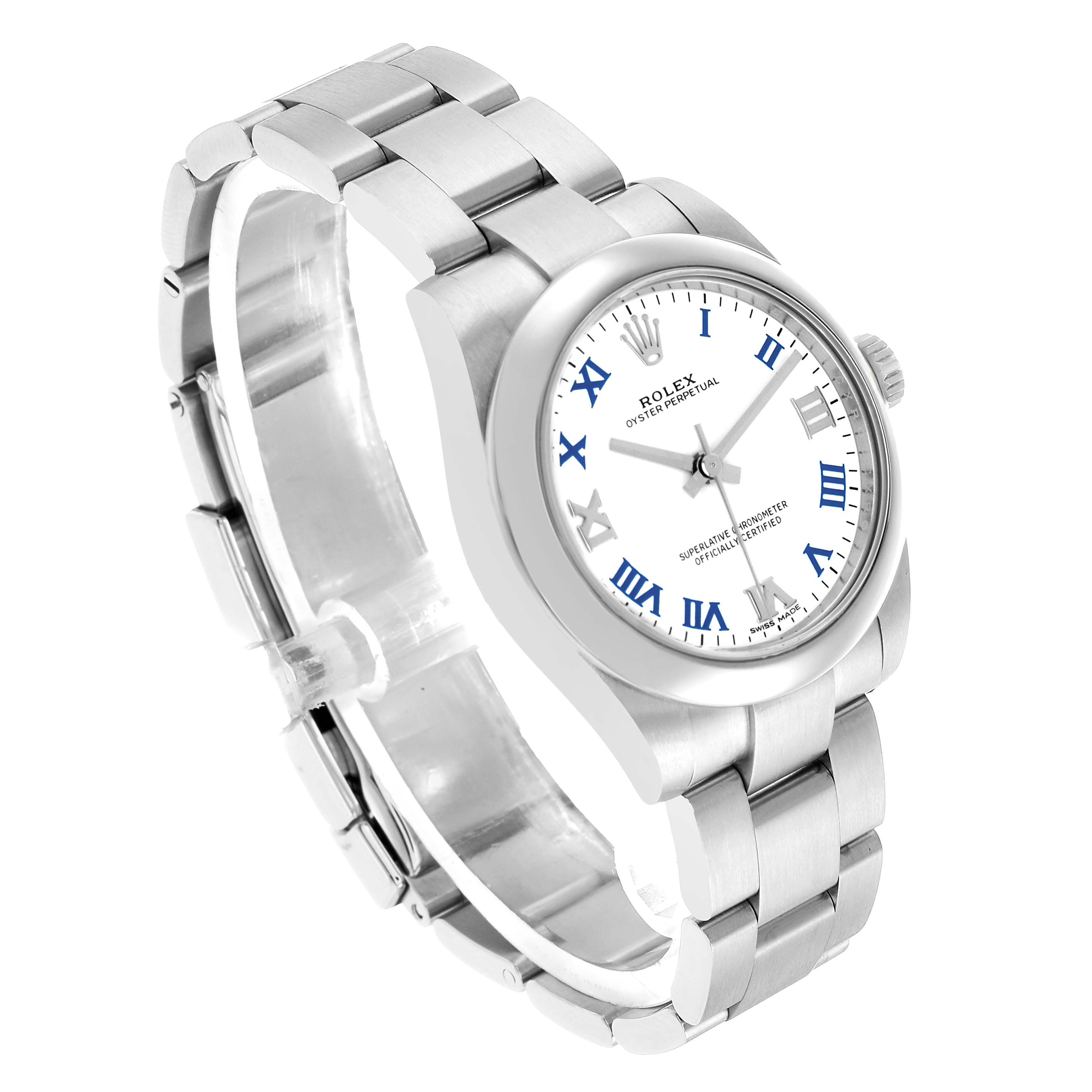 The Rolex Mid-Size 177200 Women's Stainless Steel White Dial watch is shown at a three-quarter angle, highlighting the bracelet, case, and white dial with blue Roman numerals.