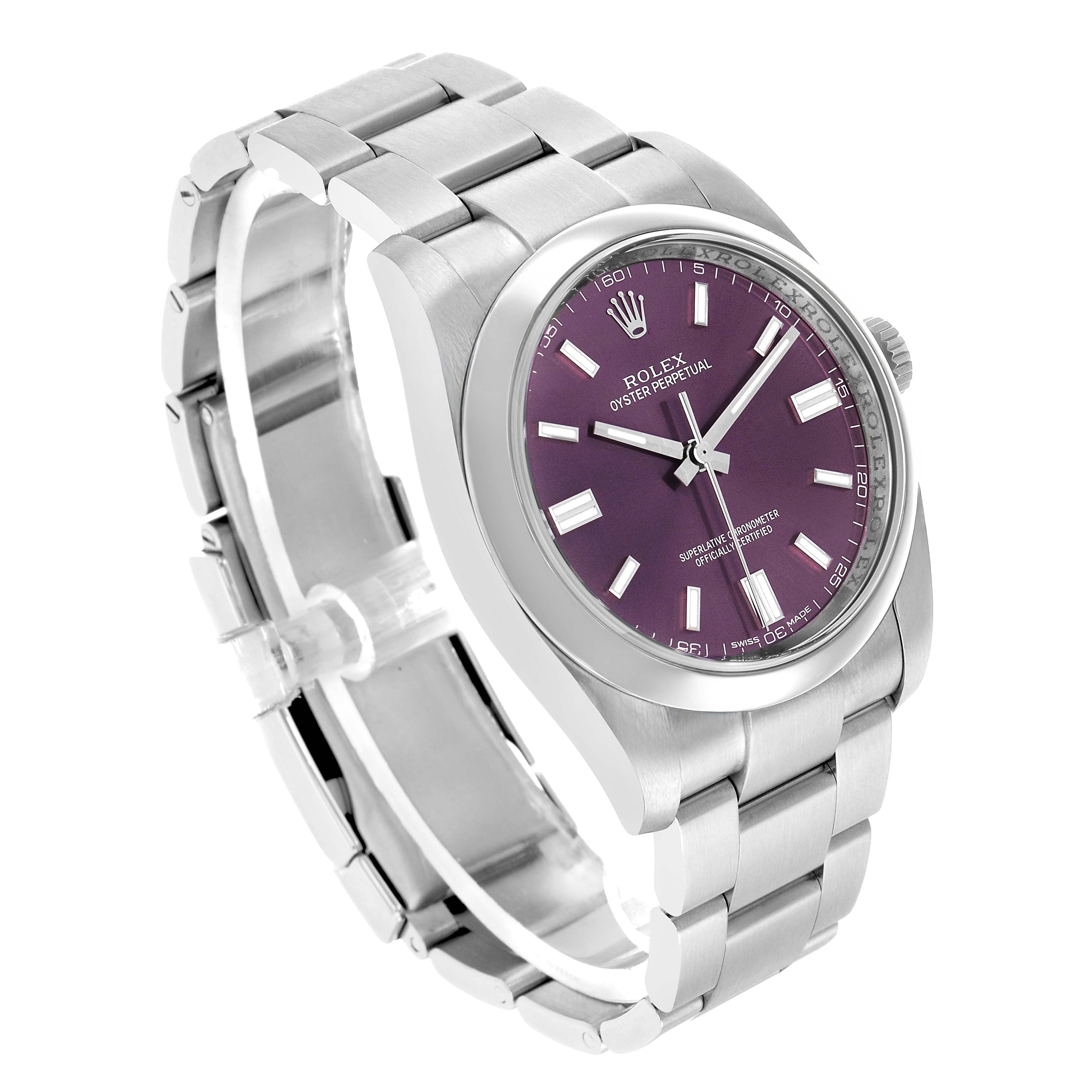 The Rolex Oyster Perpetual 116000 Men's Stainless Steel Purple Dial watch is shown at a three-quarter angle, displaying its stainless steel bracelet and purple dial.