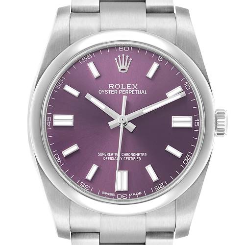 The Rolex Oyster Perpetual 116000 Men's Stainless Steel Purple Dial watch is shown front-facing, displaying the dial, bezel, and a portion of the bracelet.