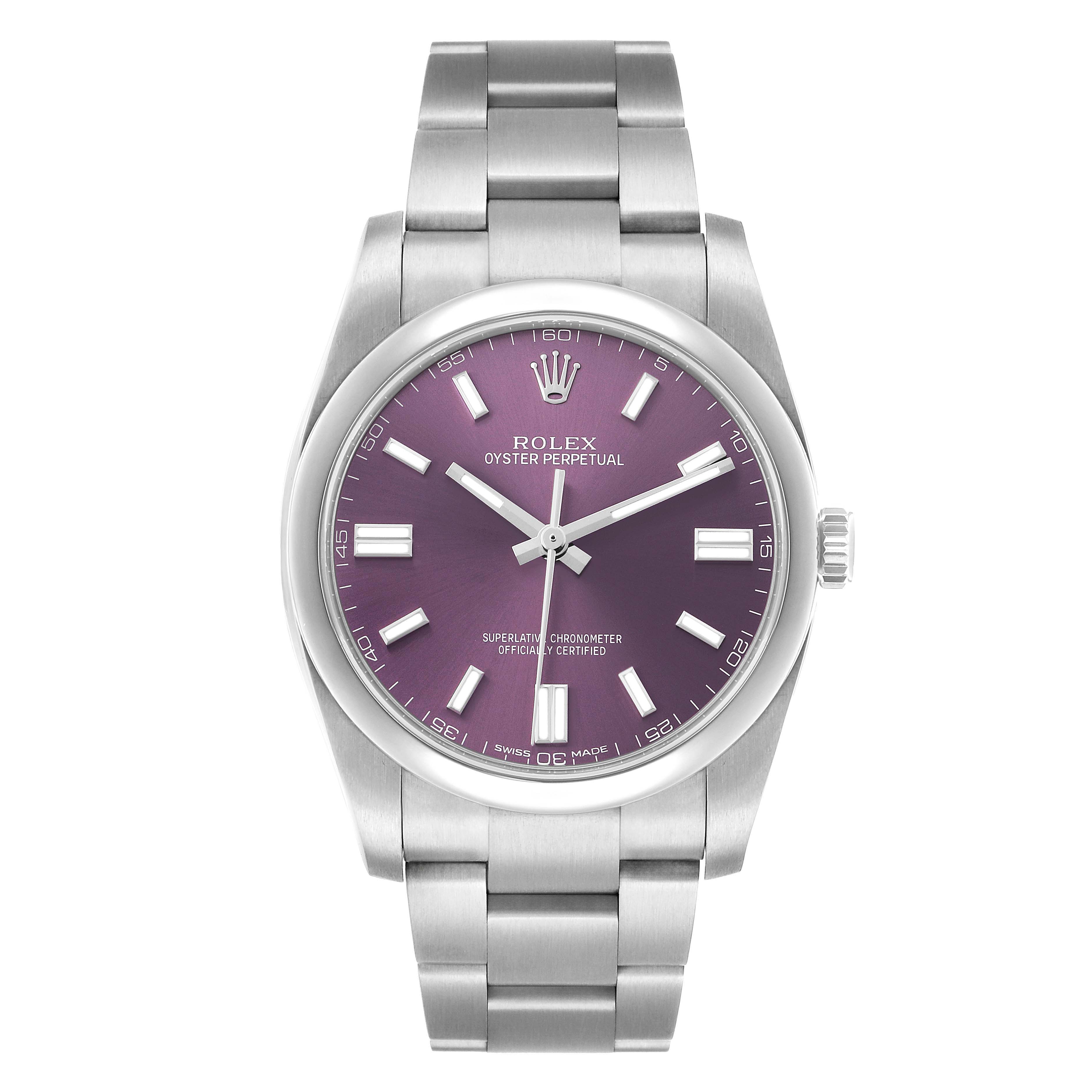 The Rolex Oyster Perpetual 116000 Men's Stainless Steel Purple Dial watch is shown from a front angle, displaying the dial, bezel, and bracelet.