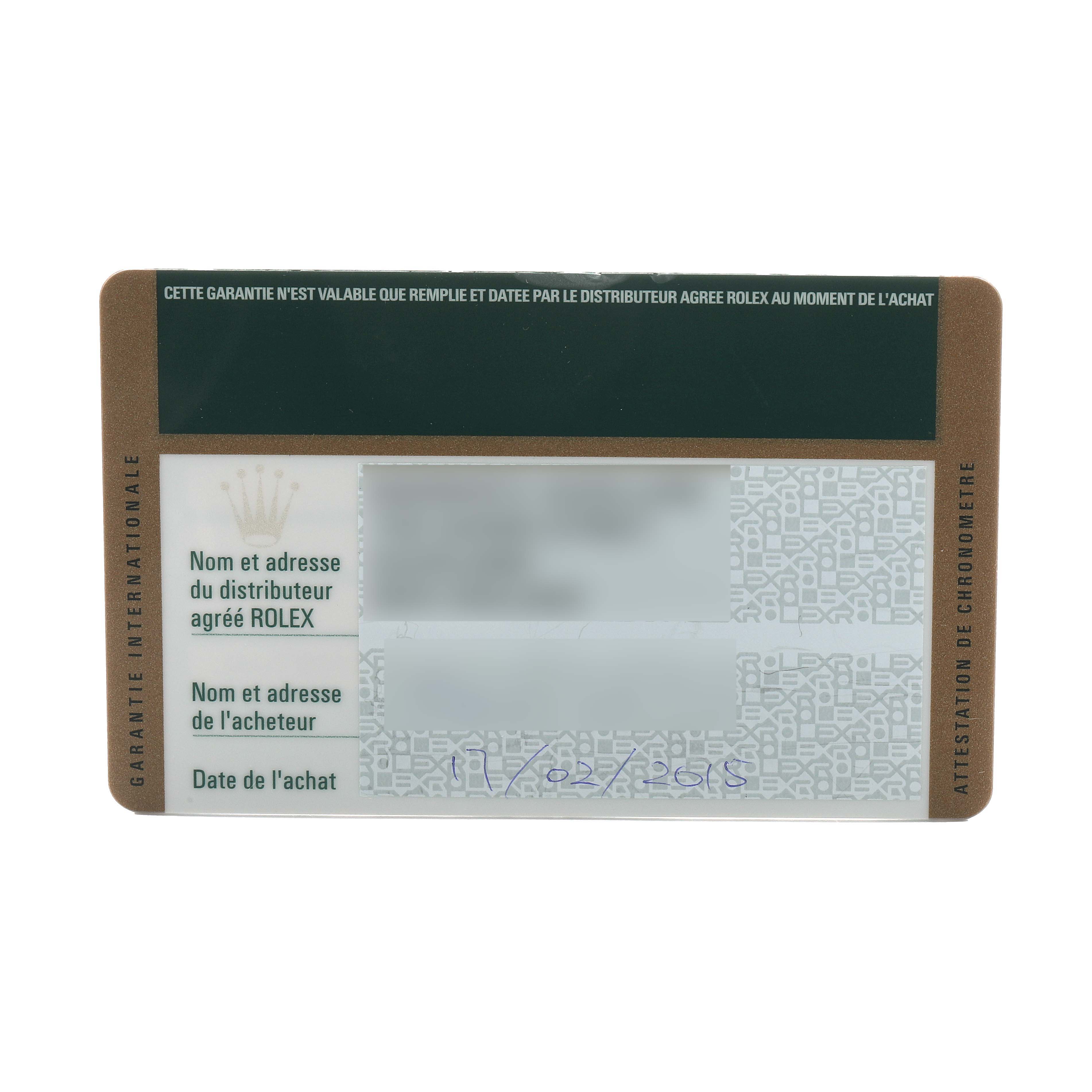 This image shows a Rolex Oyster Perpetual 116000 Men's Stainless Steel Purple Dial warranty card, featuring brand details and spaces for distributor and purchase information.