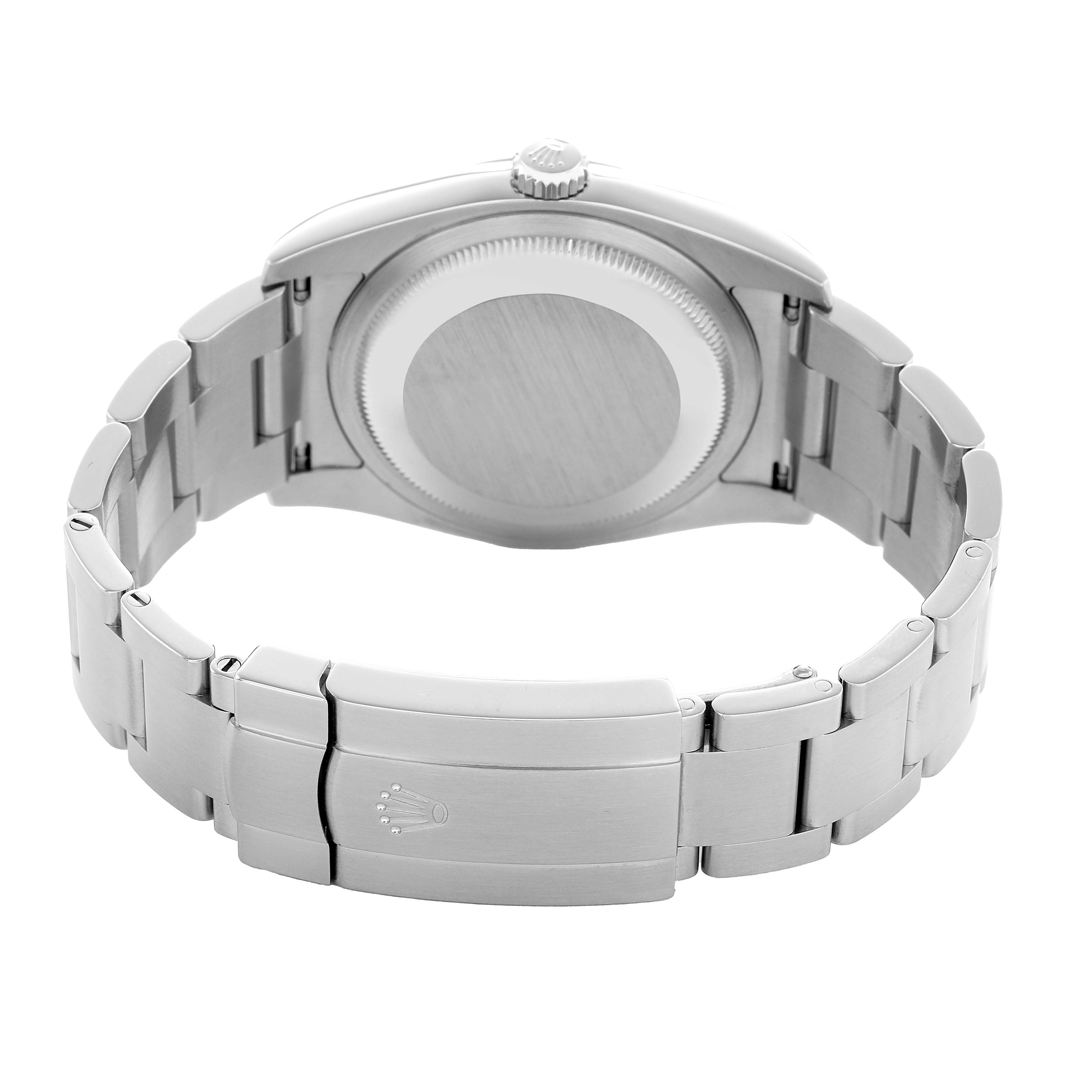 The image shows the back of a Rolex Oyster Perpetual 116000 Men's Stainless Steel Purple Dial, focusing on the bracelet and clasp.