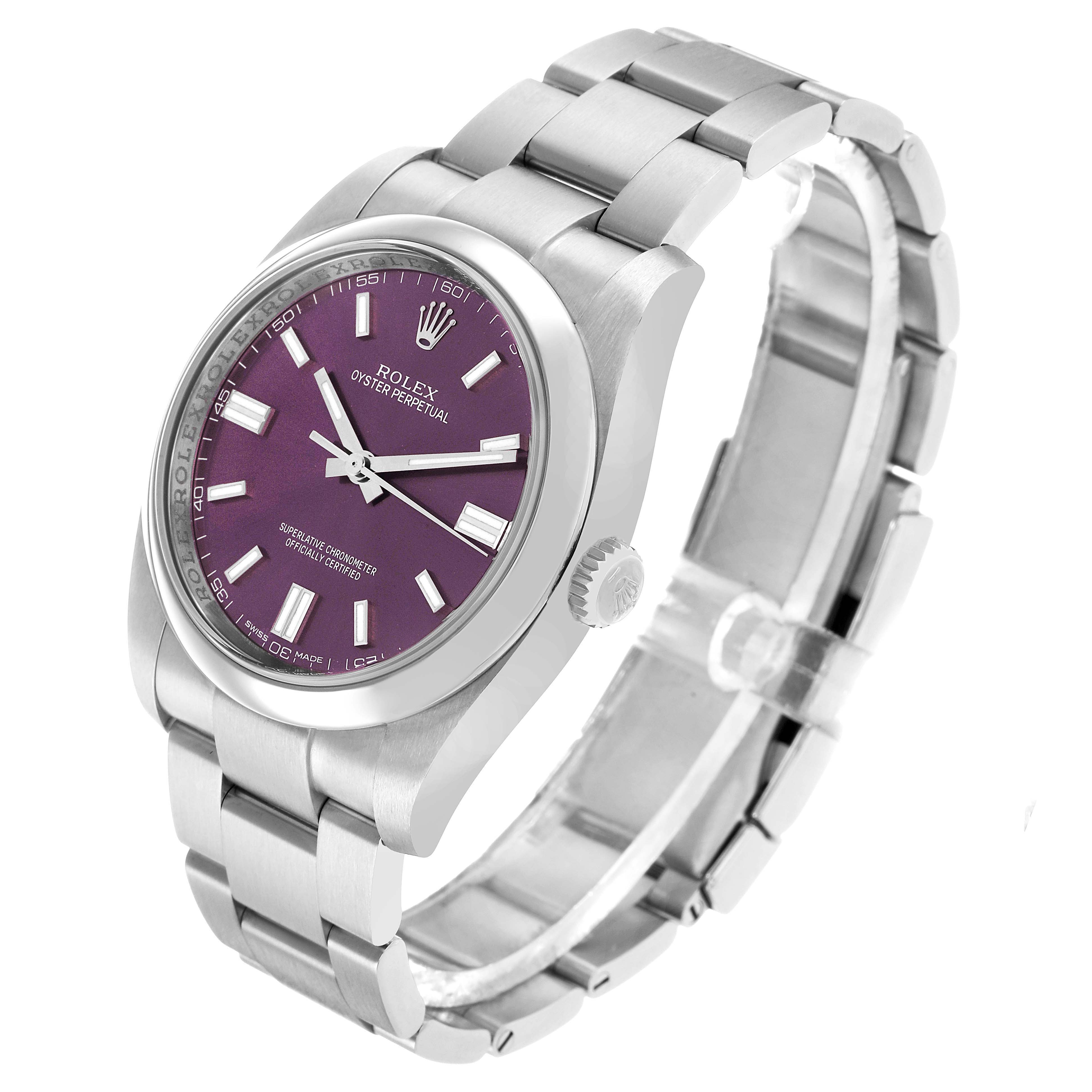 The Rolex Oyster Perpetual 116000 Men's Stainless Steel Purple Dial watch is shown at a three-quarter angle, highlighting the dial, case, crown, and bracelet.