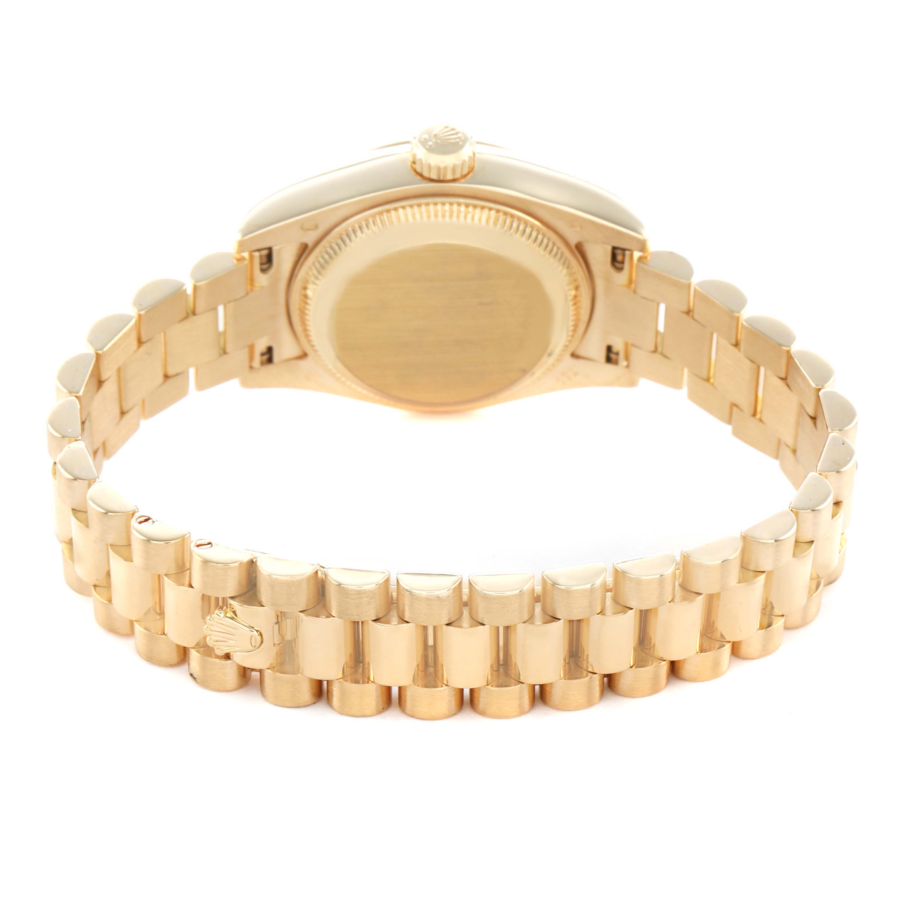 The image shows the back of a Rolex President 179178 Women's Yellow Gold Champagne Dial model watch, highlighting the bracelet and case back.