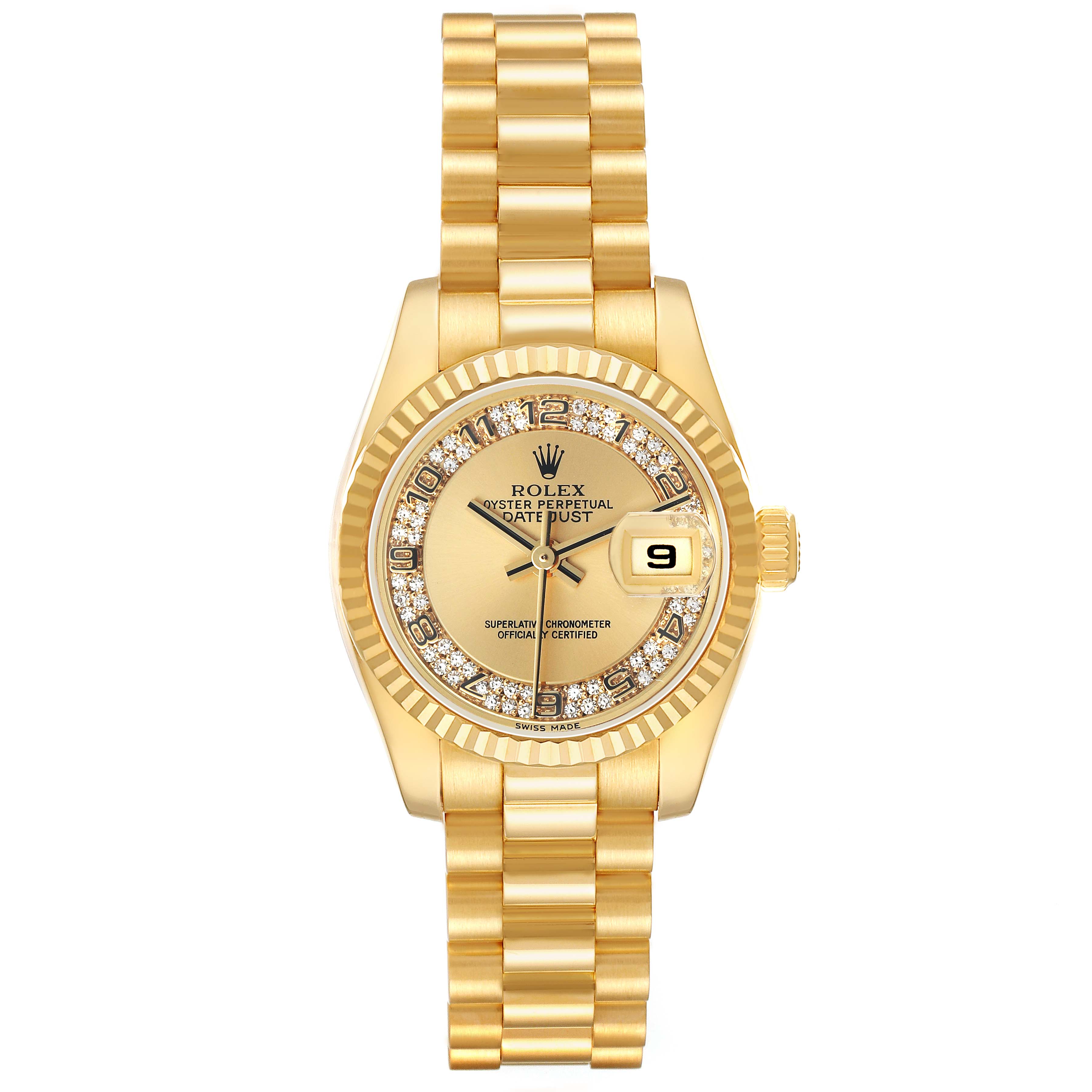 The image shows a front view of the Rolex President 179178 Women's Yellow Gold Champagne Dial model watch, displaying its gold bracelet, dial, bezel, and date window.