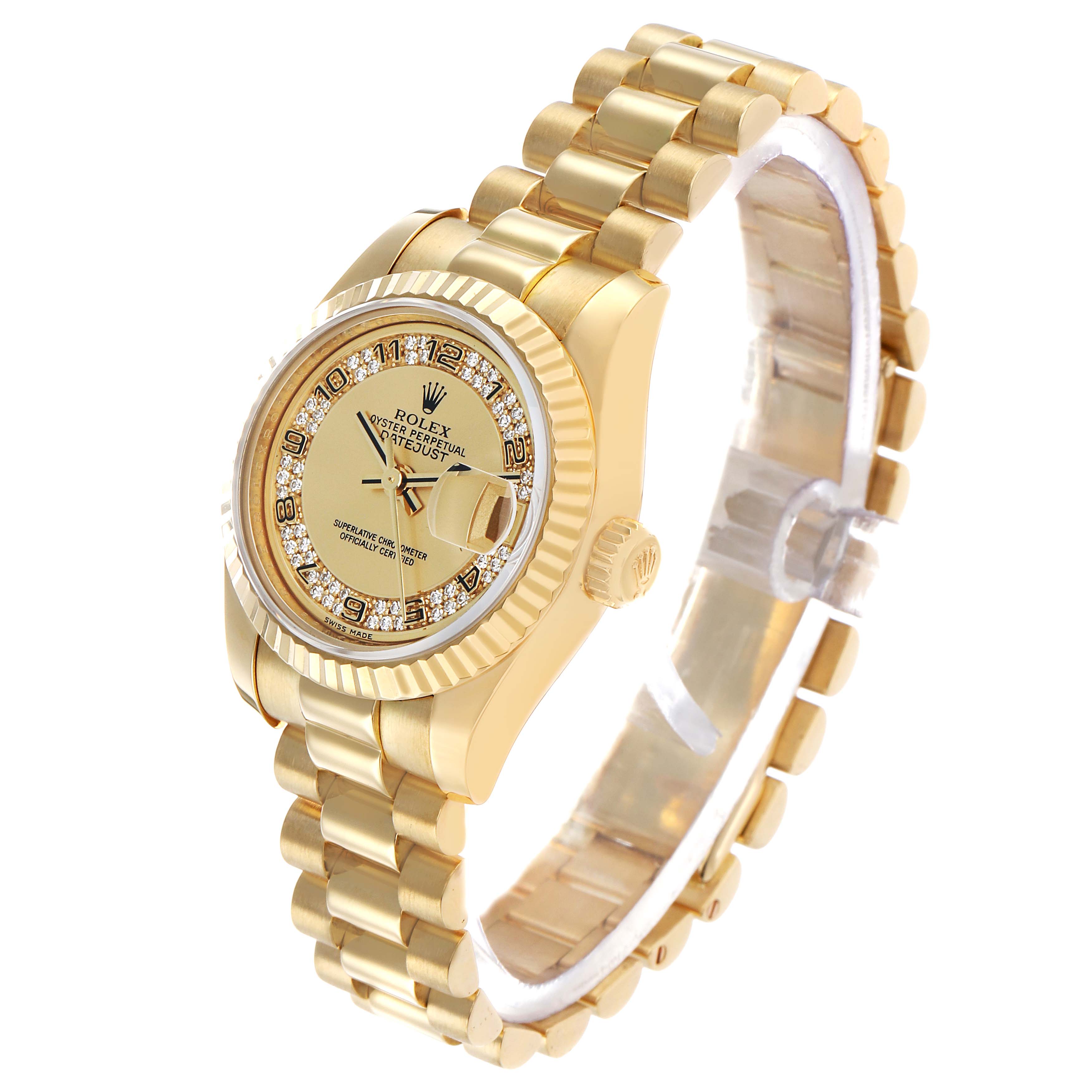 The Rolex President 179178 Women's Yellow Gold Champagne Dial model watch is shown at an angled view, displaying the face, bezel, and bracelet.