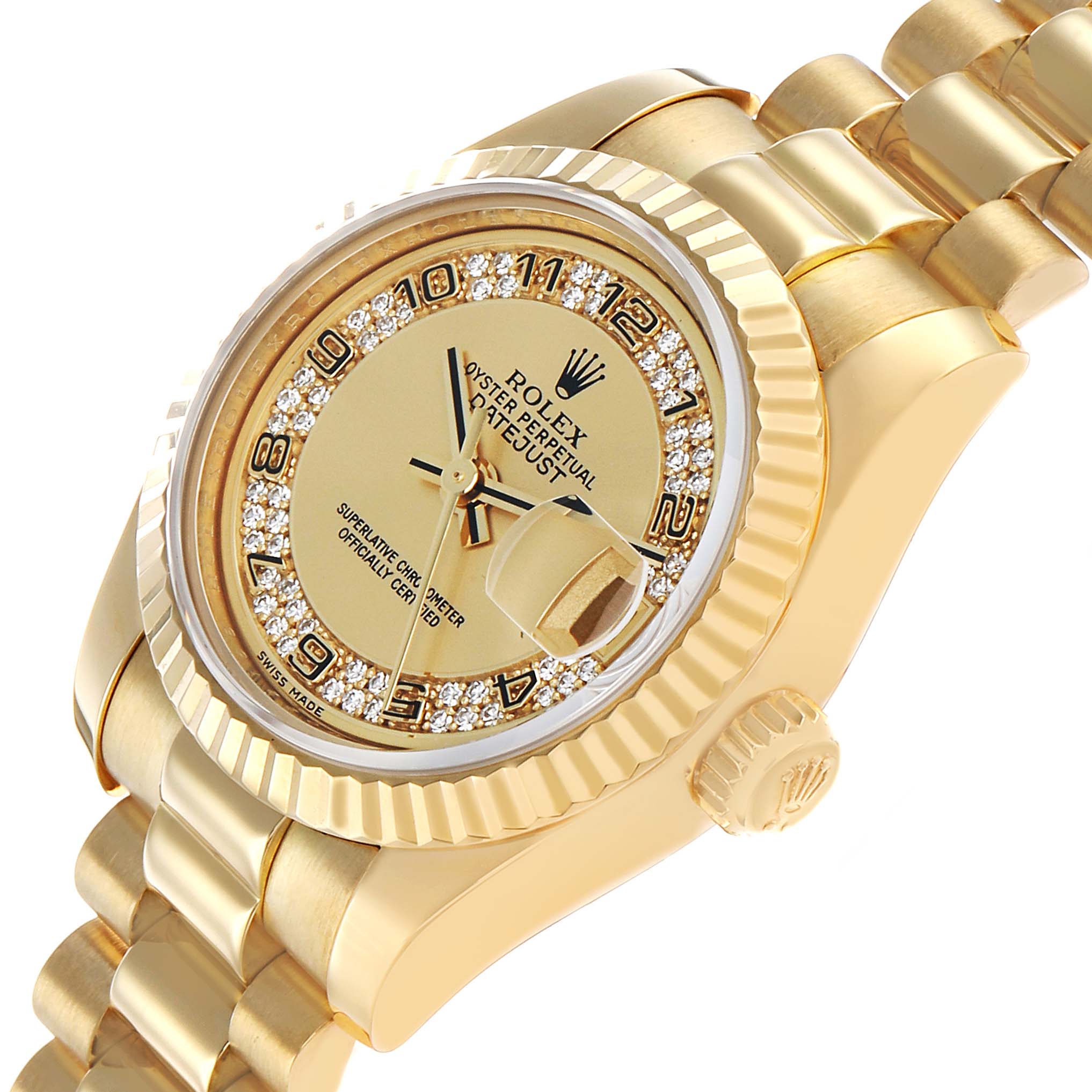 The Rolex President 179178 Women's Yellow Gold Champagne Dial model watch is shown from an angled top-down view, highlighting the face, bezel, and part of the bracelet.