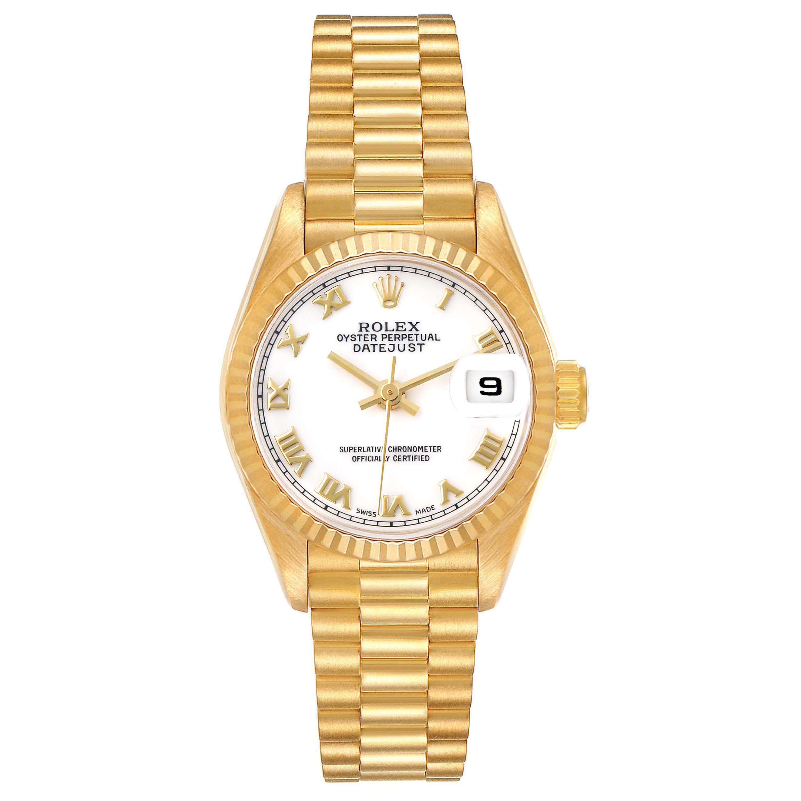 The Rolex President 69178 Women's Yellow Gold White Dial model is shown from a top-down angle, highlighting its gold bracelet, fluted bezel, and white dial with a date window.