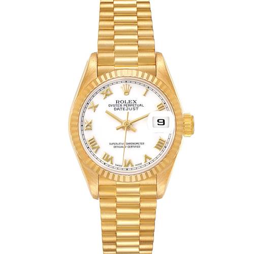 The Rolex President 69178 Women's Yellow Gold White Dial model watch is shown from the front, highlighting its gold case, bracelet, and white dial with Roman numerals.