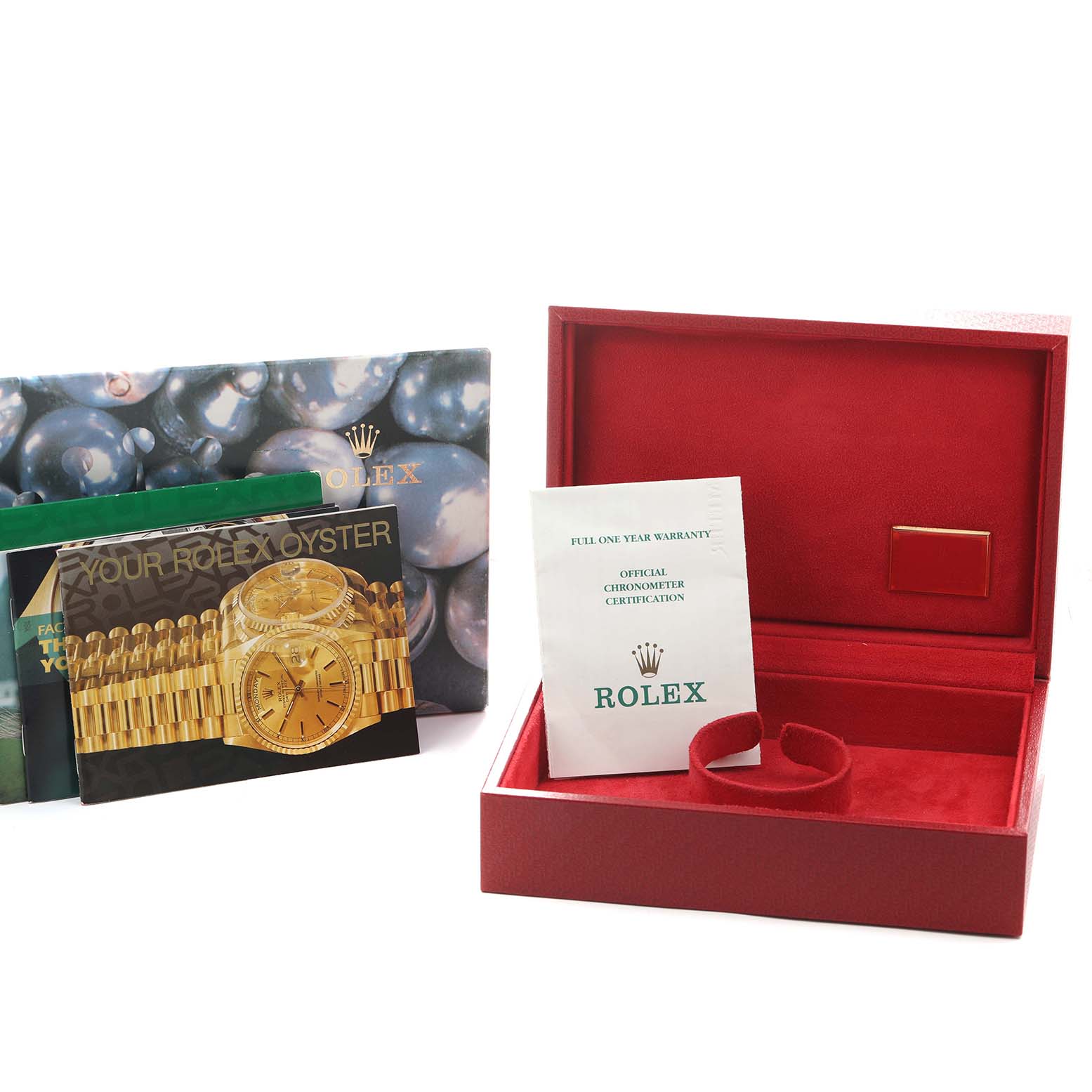 The image shows a Rolex President 69178 Women's Yellow Gold White Dial model watch box, warranty card, booklet, and packaging materials.