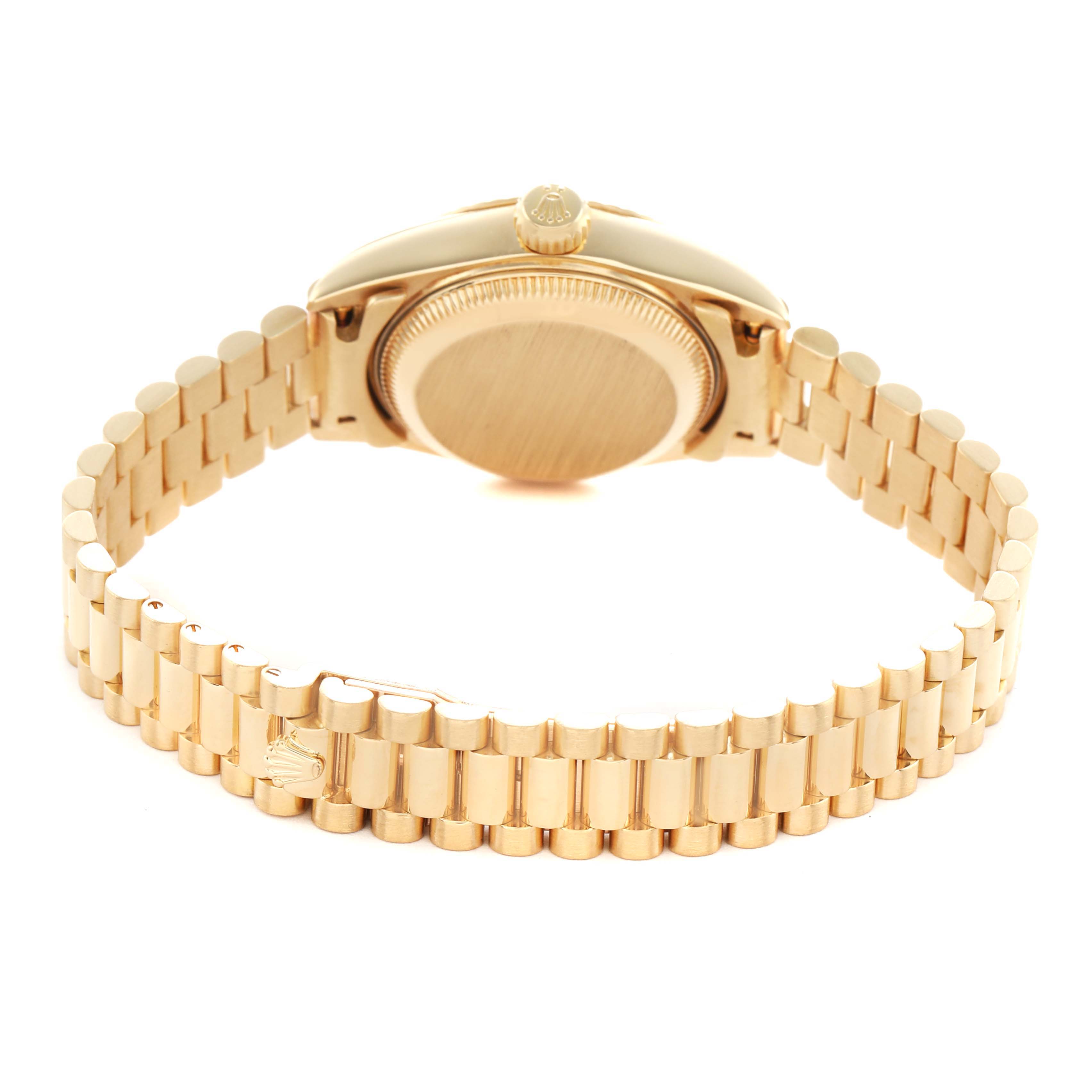 The Rolex President 69178 Women's Yellow Gold White Dial model is shown from the back, displaying the case back, crown, and bracelet with clasp.