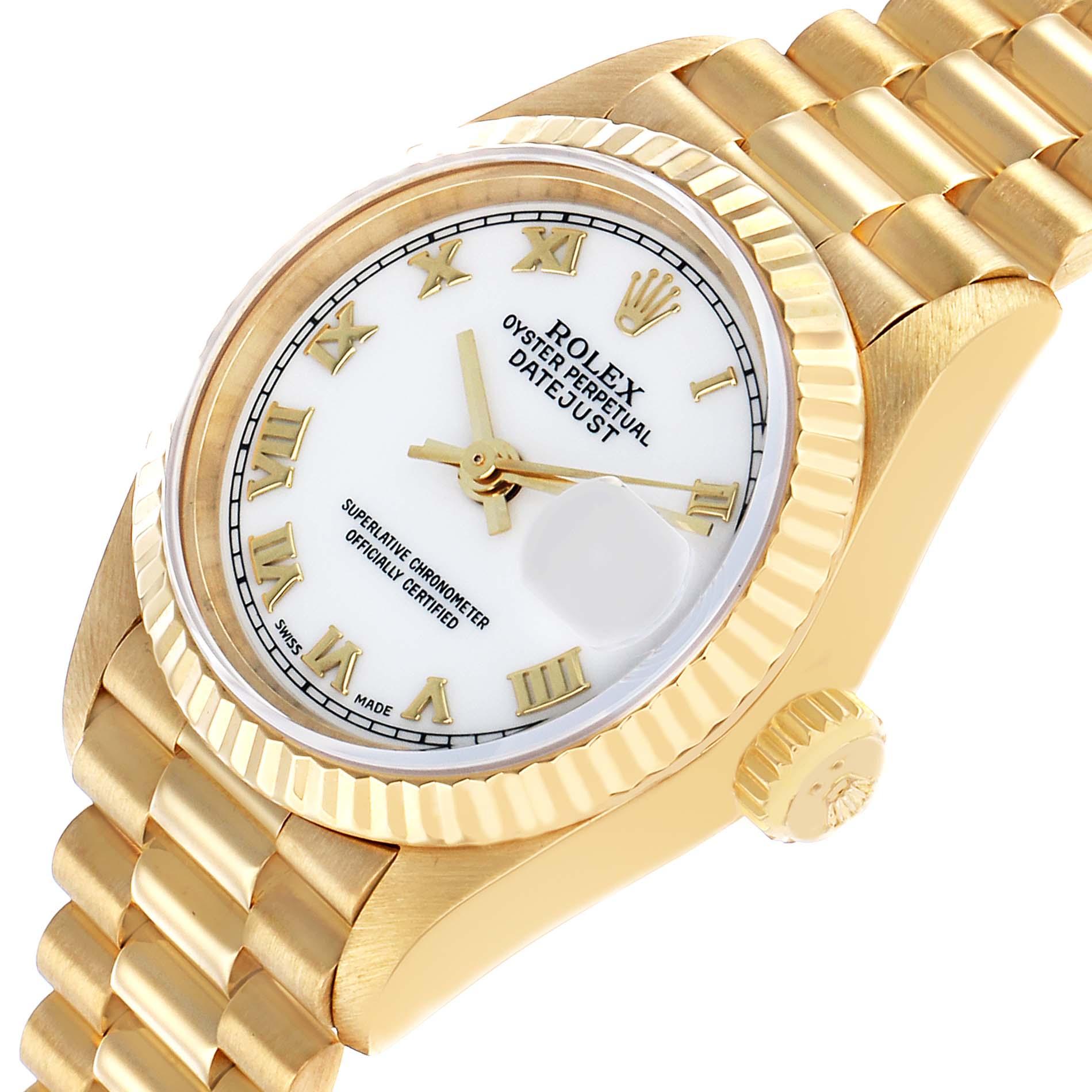 The Rolex President 69178 Women's Yellow Gold White Dial model is shown at an angled view, highlighting the face, bezel, crown, and part of the bracelet.