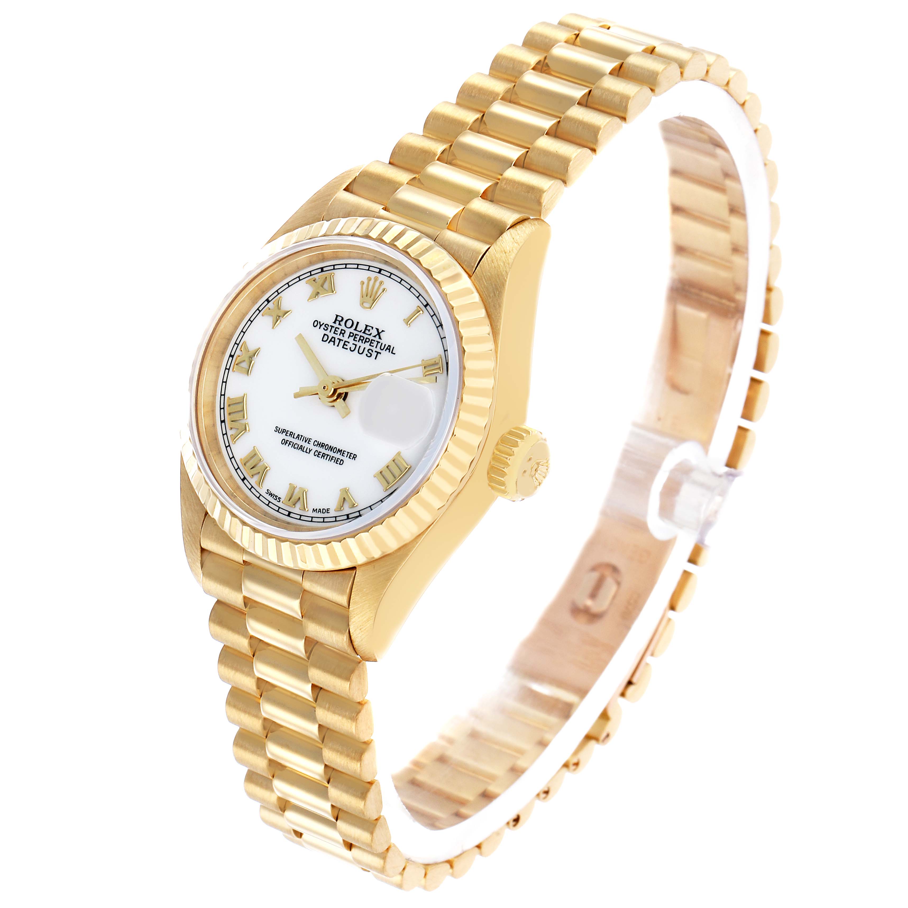 The Rolex President 69178 Women's Yellow Gold White Dial model is shown at an angled view, displaying the dial, fluted bezel, and President bracelet.