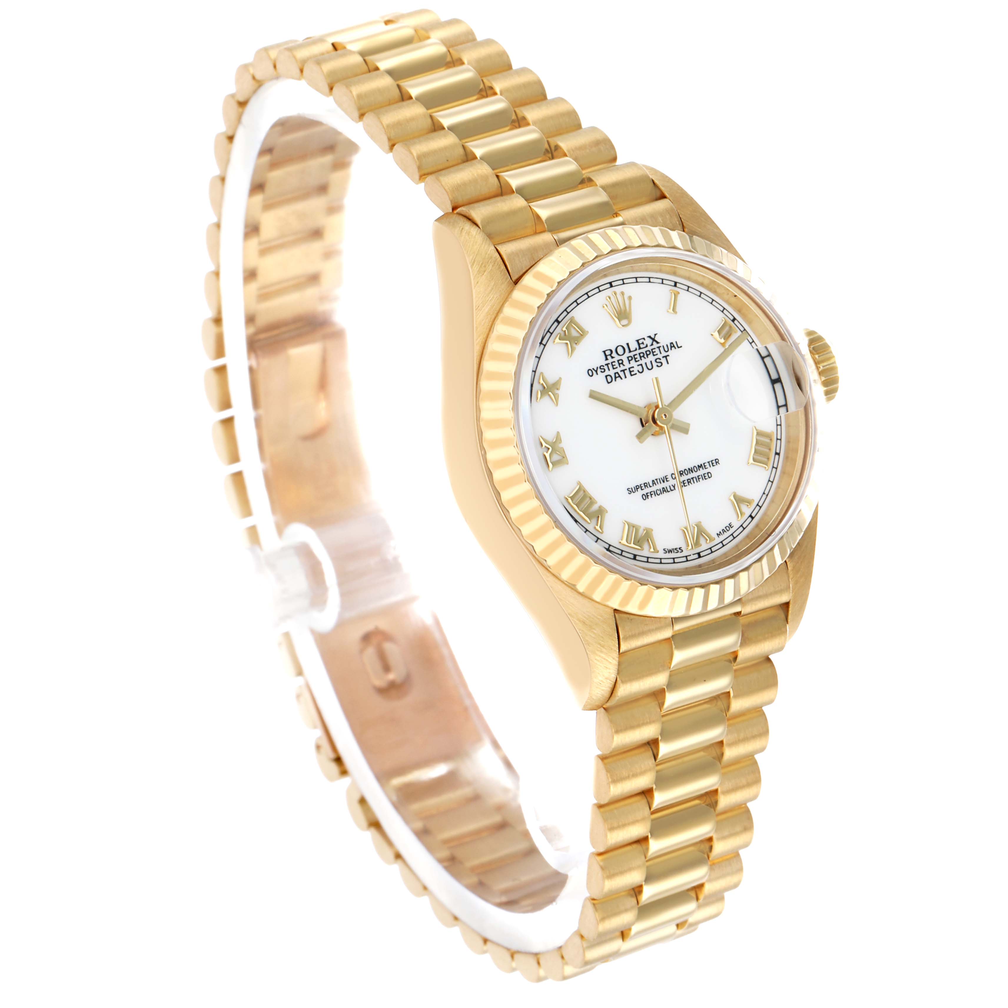 The Rolex President 69178 Women's Yellow Gold White Dial model is shown at a three-quarter angle, displaying the face, bezel, crown, and bracelet.