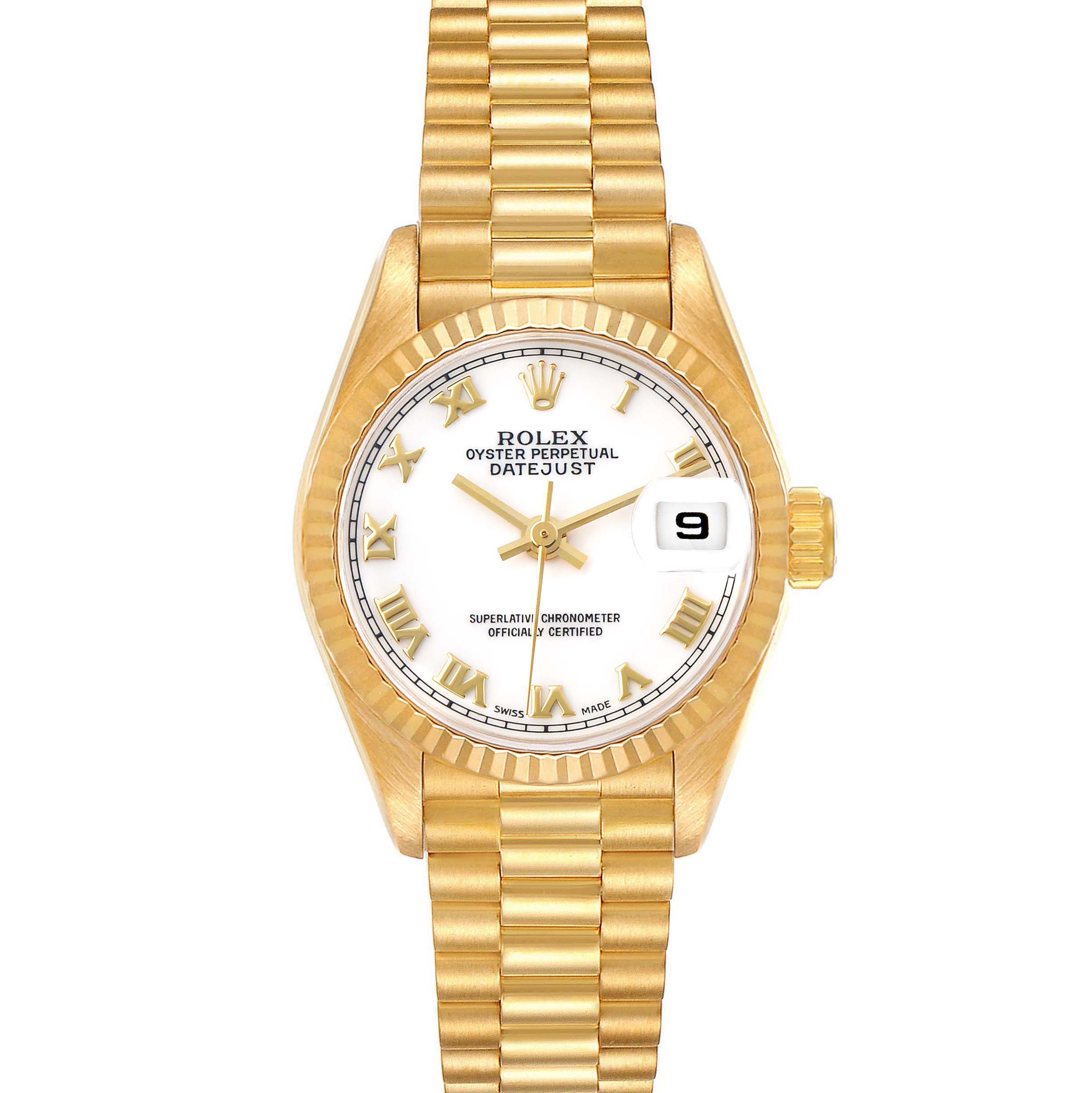 The Rolex President 69178 Women's Yellow Gold White Dial model is shown from a front angle, highlighting the dial, bezel, bracelet, and crown.