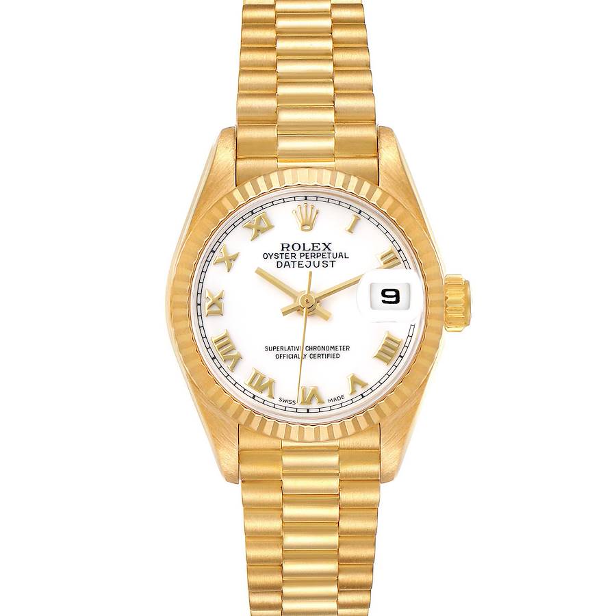 The Rolex President 69178 Women's Yellow Gold White Dial model is shown from a front angle, highlighting the dial, bezel, bracelet, and crown.