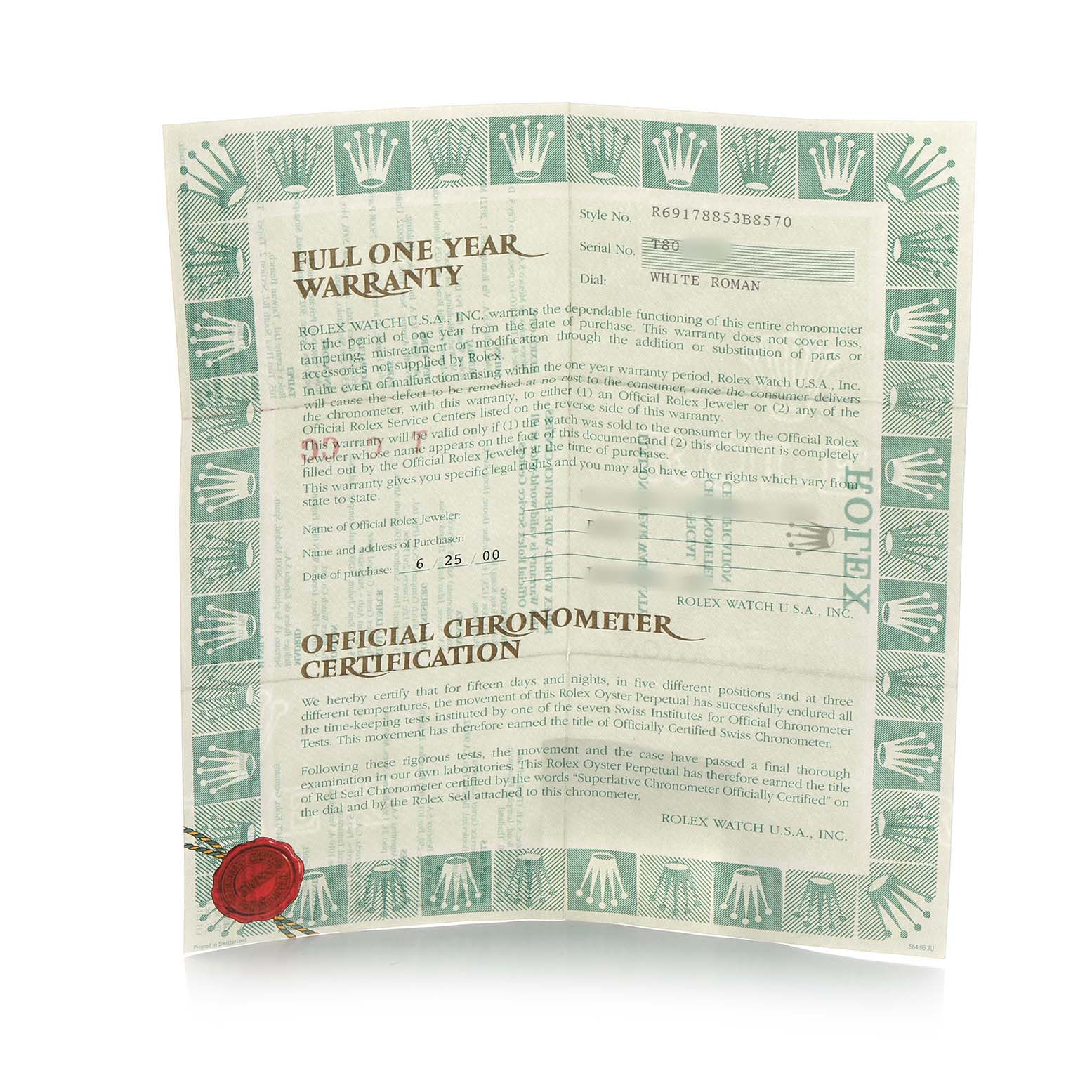 The image shows the warranty and certification papers for a Rolex President 69178 Women's Yellow Gold White Dial model watch.