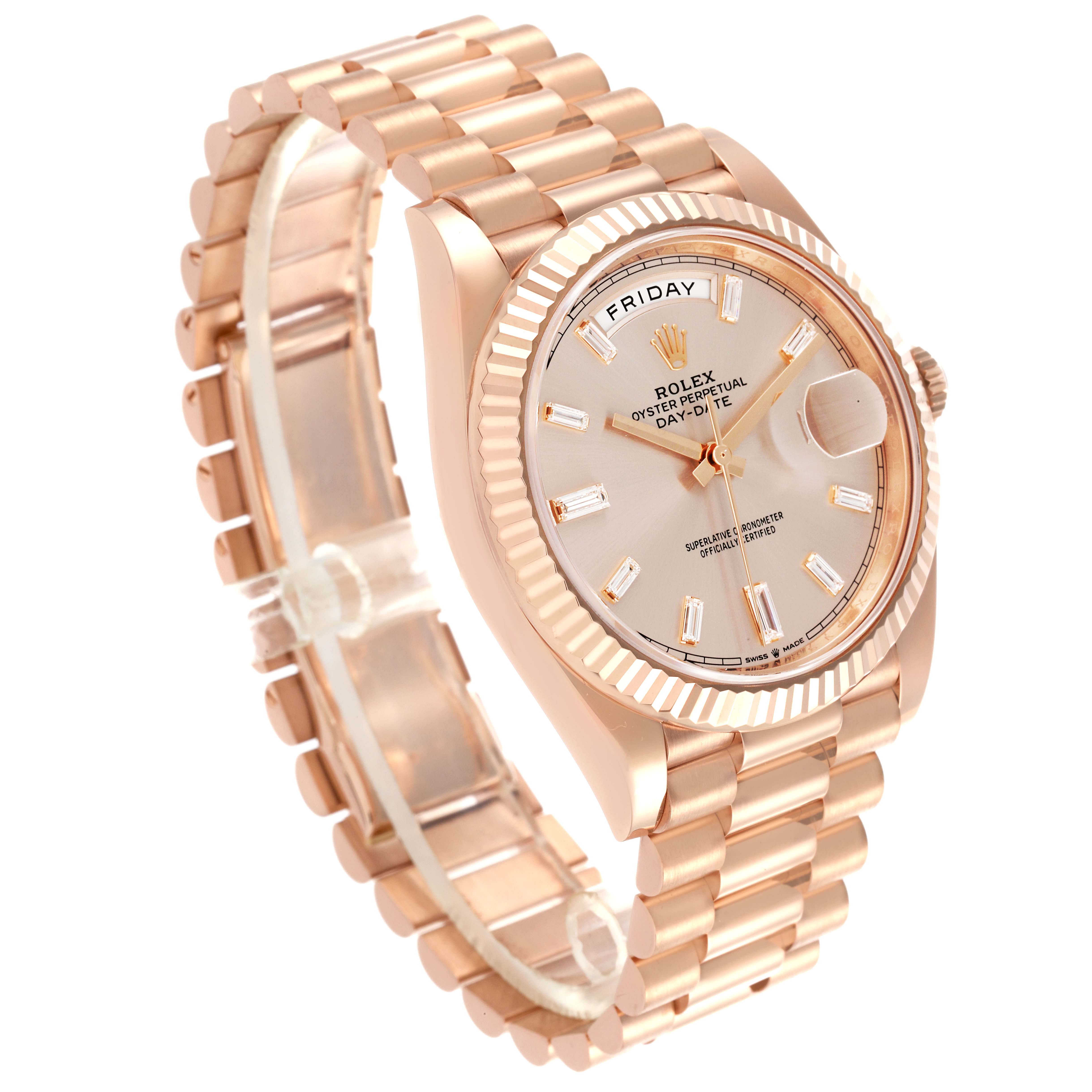 The Rolex President 228235-004 Men's Rose Gold Silver Dial 228235-004 Men's Rose Gold Silver Dial model is shown at an angled side view, highlighting the bracelet, bezel, dial, and crown.