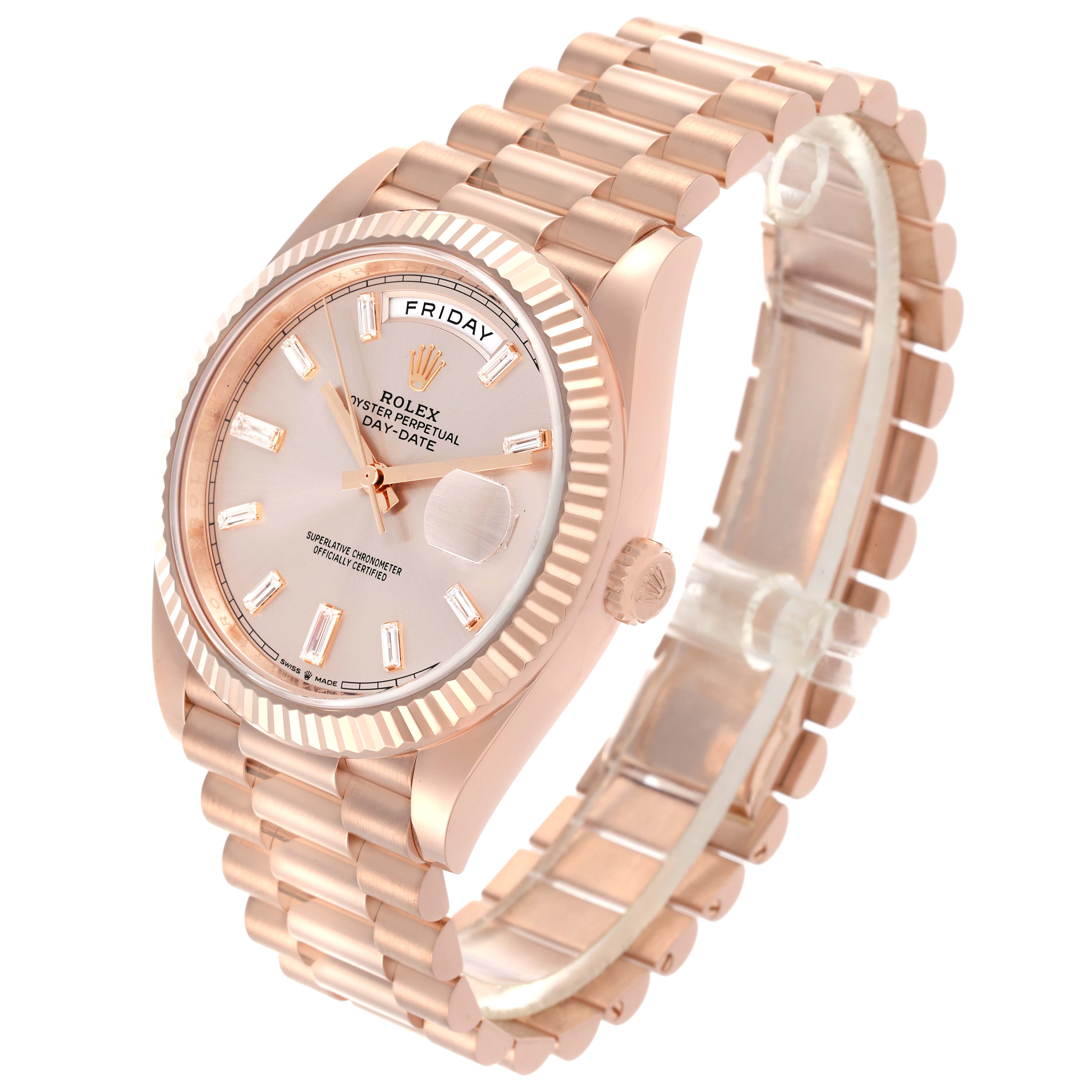 The Rolex President 228235-004 Men's Rose Gold Silver Dial 228235-004 Men's Rose Gold Silver Dial model is shown at a slight angle, displaying the dial, bezel, and bracelet.