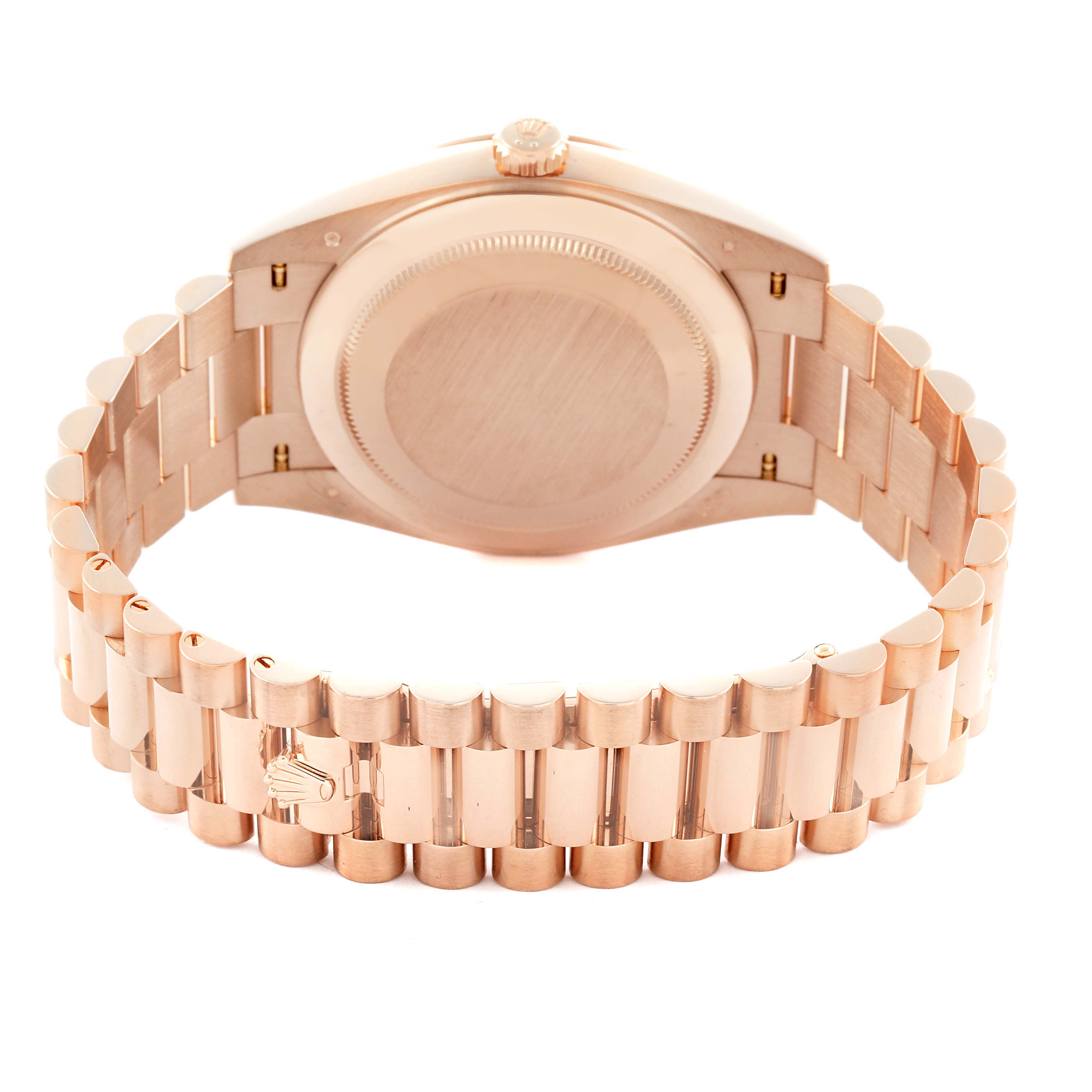 The image shows the backside of a Rolex President 228235-004 Men's Rose Gold Silver Dial 228235-004 Men's Rose Gold Silver Dial model, highlighting the clasp and bracelet.
