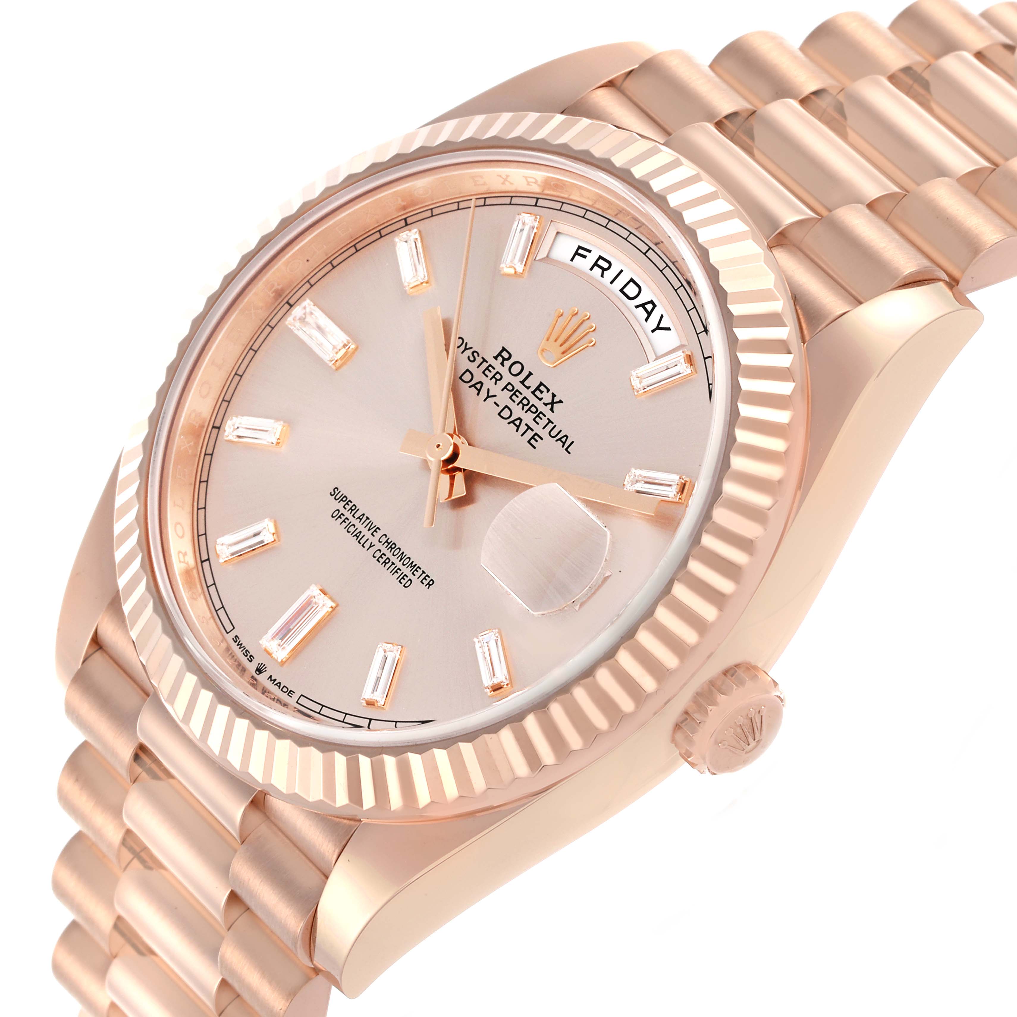 The Rolex President 228235-004 Men's Rose Gold Silver Dial 228235-004 Men's Rose Gold Silver Dial watch is shown at an angled view displaying the dial, fluted bezel, and bracelet.