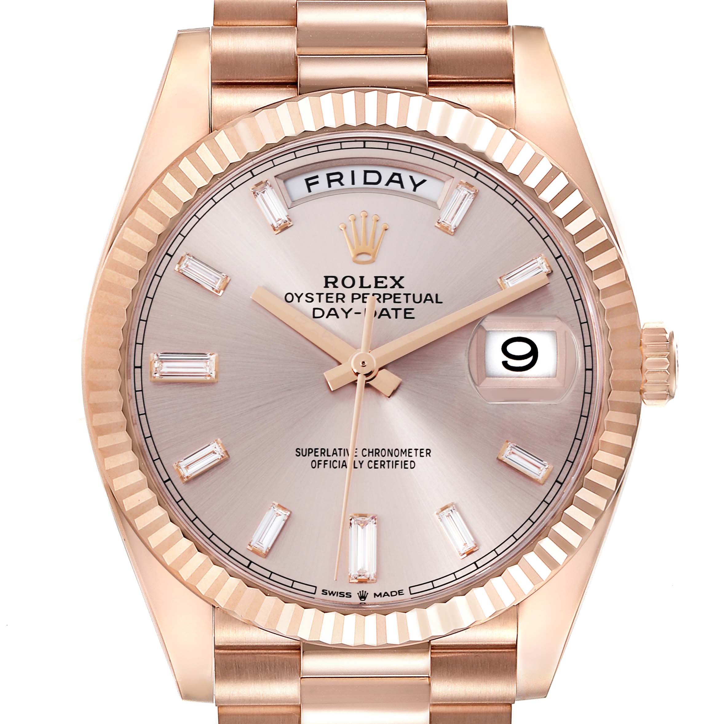 The Rolex President 228235-004 Men's Rose Gold Silver Dial 228235-004 Men's Rose Gold Silver Dial model is shown from a front angle, displaying the dial, bezel, and part of the bracelet.
