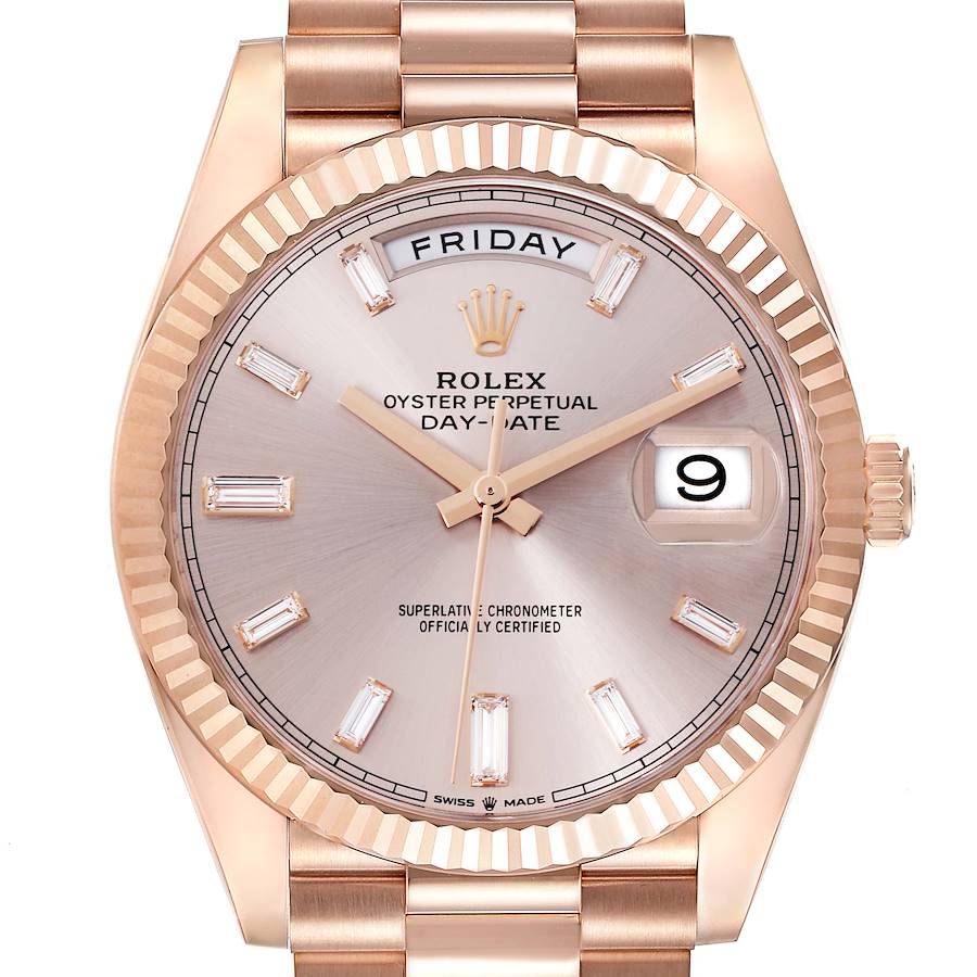 The Rolex President model is shown from a front angle, displaying the dial, bezel, and part of the bracelet.