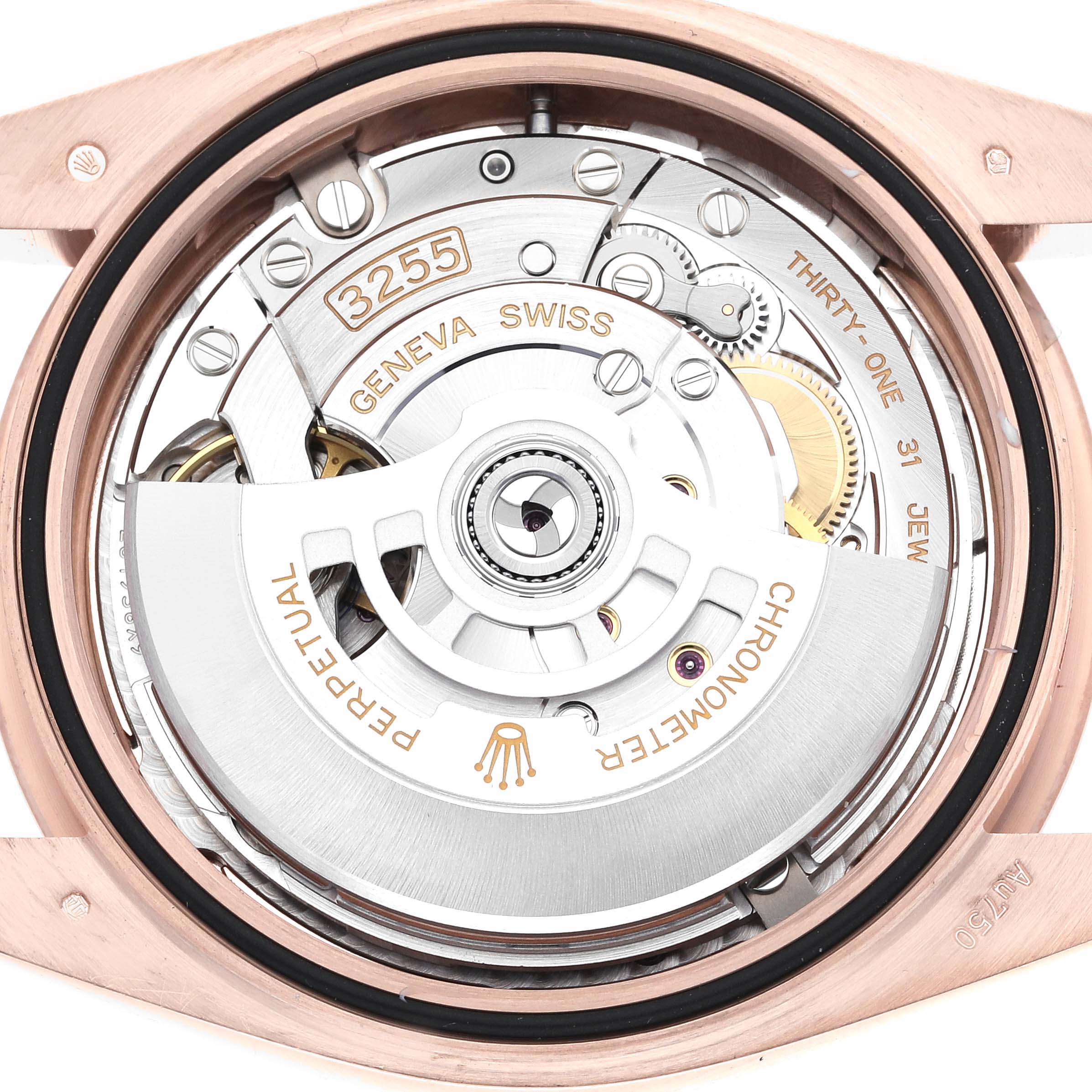 The image shows the back of the Rolex President 228235-004 Men's Rose Gold Silver Dial 228235-004 Men's Rose Gold Silver Dial watch, revealing the automatic movement and rotor.