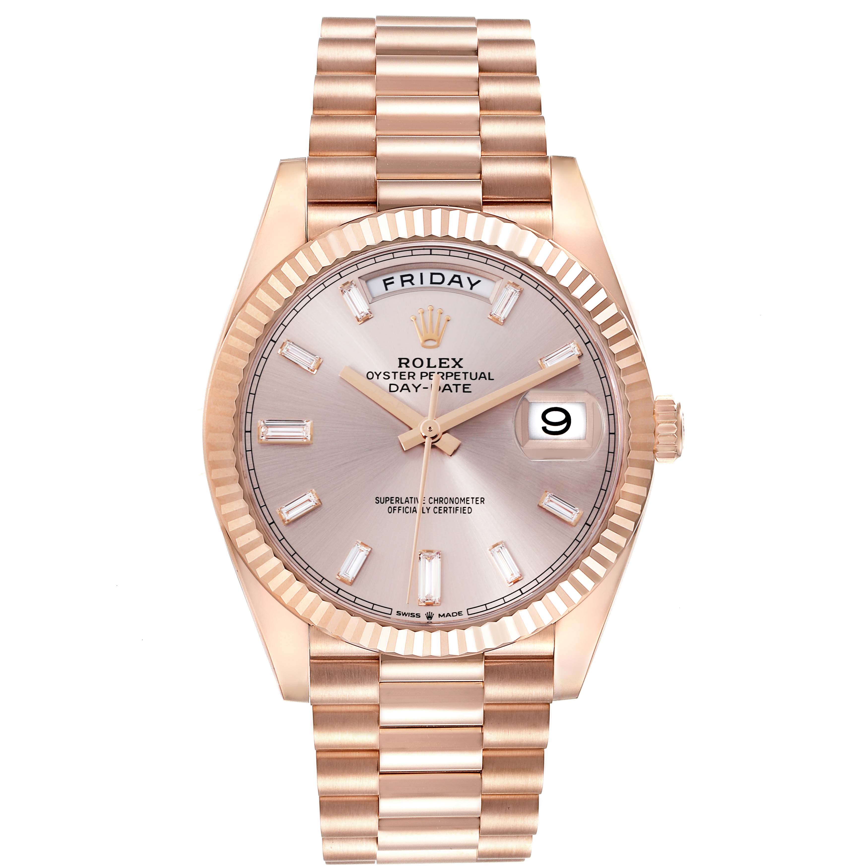 The Rolex President 228235-004 Men's Rose Gold Silver Dial 228235-004 Men's Rose Gold Silver Dial model watch is shown from the front, displaying the face, dial, and part of the bracelet.