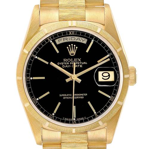 The Rolex President 18248 Men's Yellow Gold Black Dial model is shown from the front, displaying its dial, bezel, and part of the bracelet.