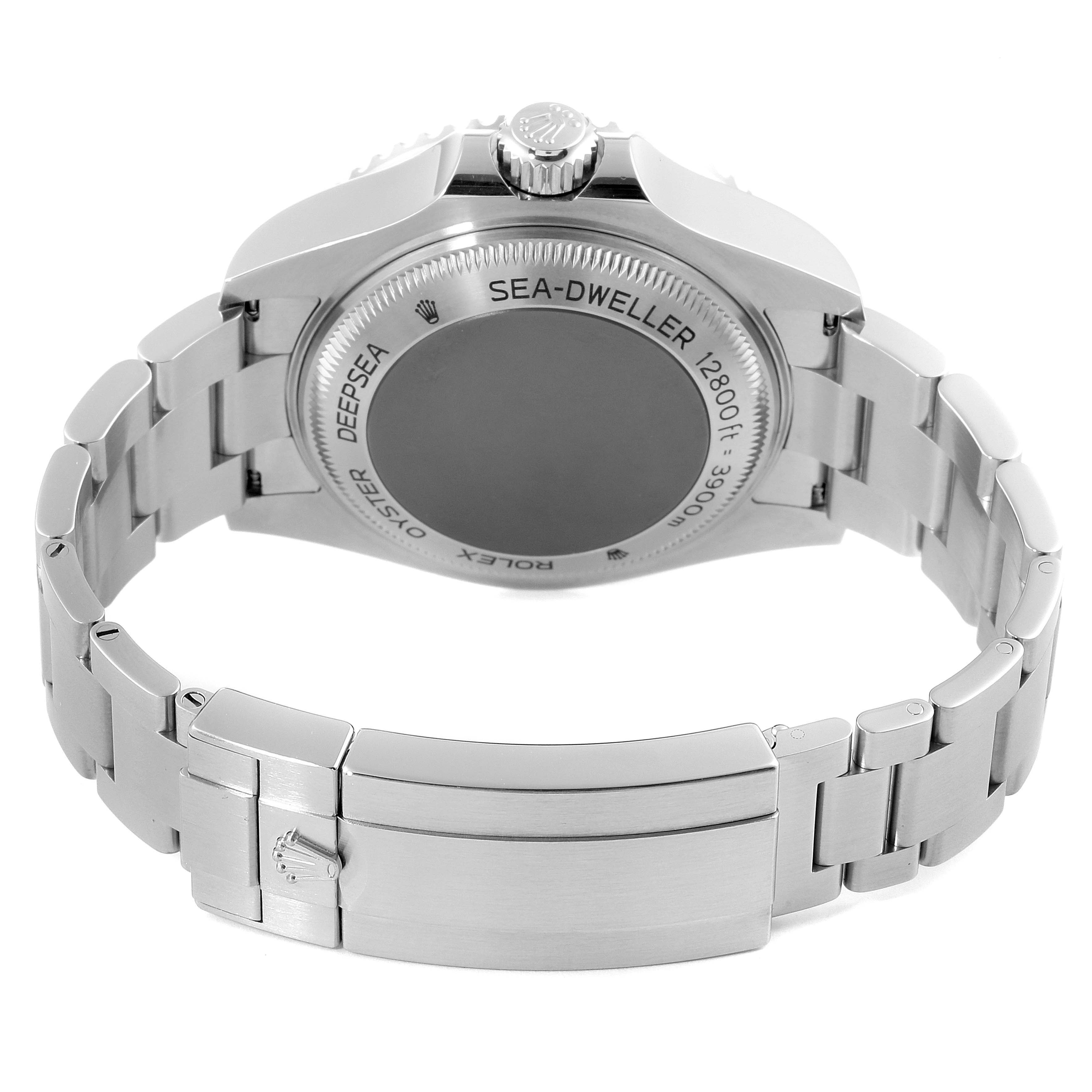 The image shows the back view of a Rolex Sea-Dweller 126660 Men's Stainless Steel Blue Dial 126660 Men's Stainless Steel Blue Dial watch, highlighting its case back and bracelet.