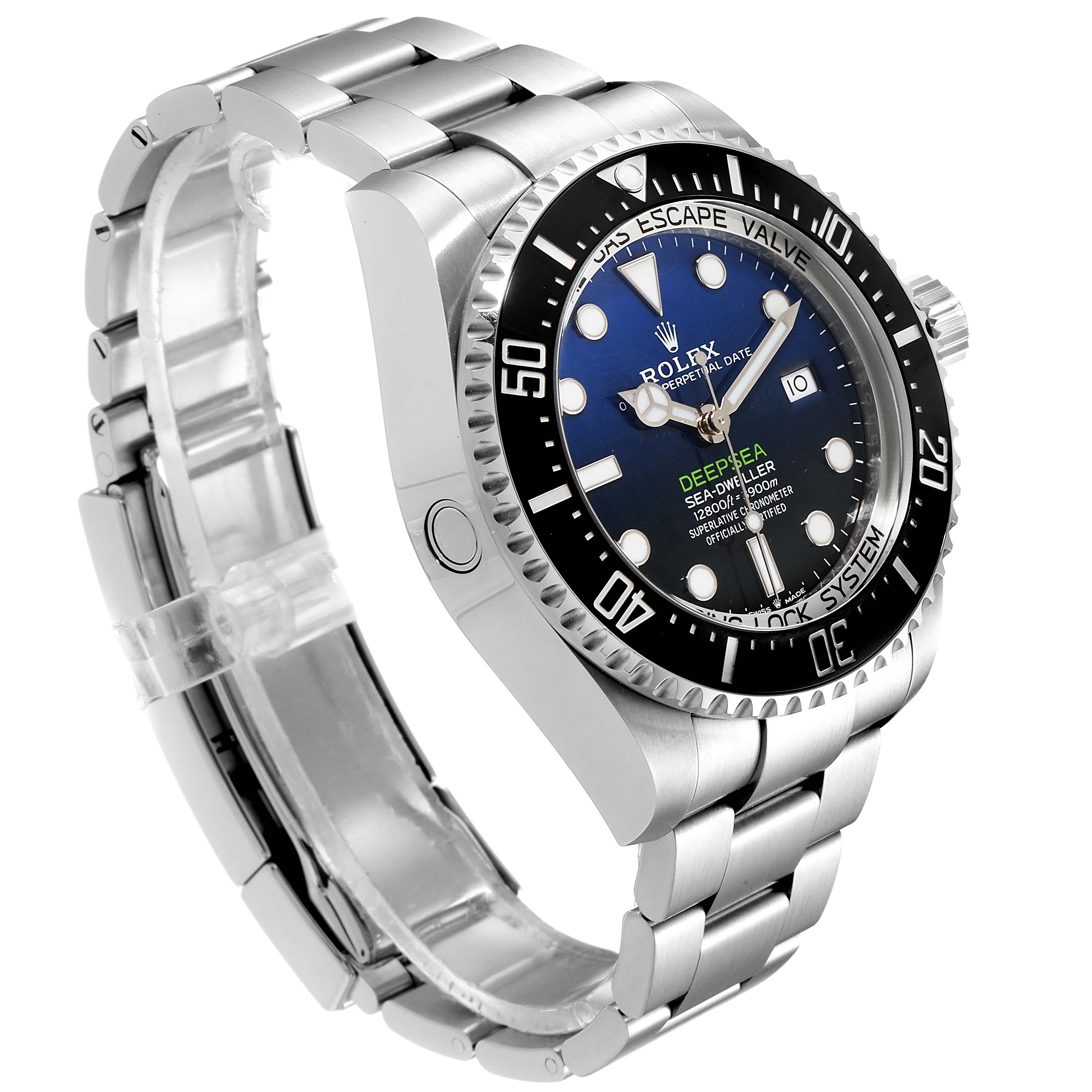 The image shows a side and front angle of a Rolex Sea-Dweller 126660 Men's Stainless Steel Blue Dial 126660 Men's Stainless Steel Blue Dial watch, highlighting the bezel, dial, and bracelet.