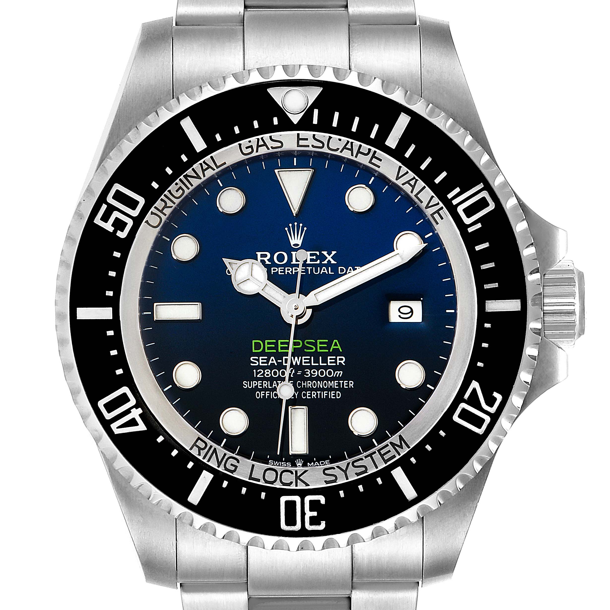The image shows a frontal view of the Rolex Sea-Dweller 126660 Men's Stainless Steel Blue Dial 126660 Men's Stainless Steel Blue Dial Deepsea watch, displaying its dial, bezel, and part of the bracelet.