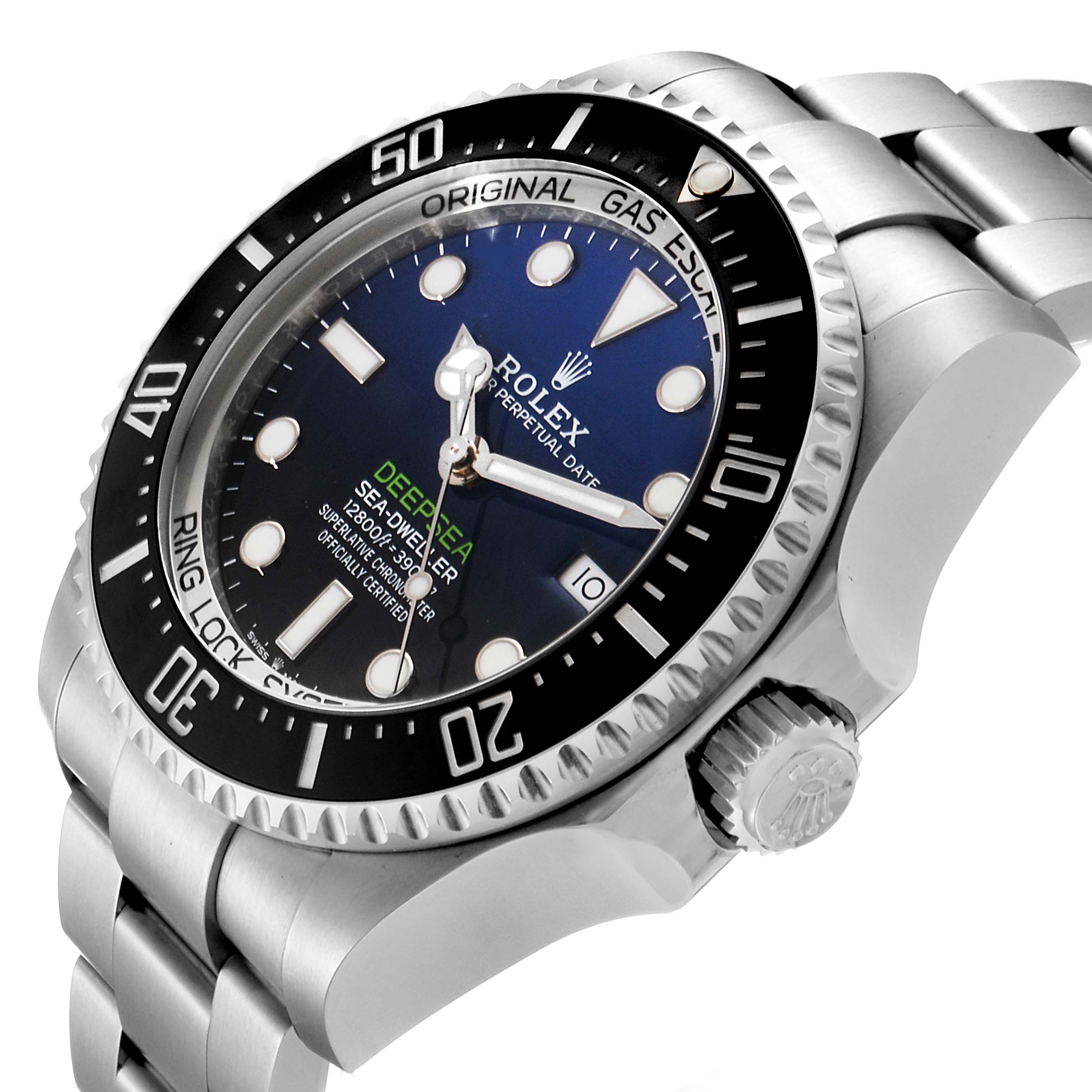 The Rolex Sea-Dweller 126660 Men's Stainless Steel Blue Dial 126660 Men's Stainless Steel Blue Dial watch is shown at an angle, highlighting its bezel, dial, crown, and part of its bracelet.