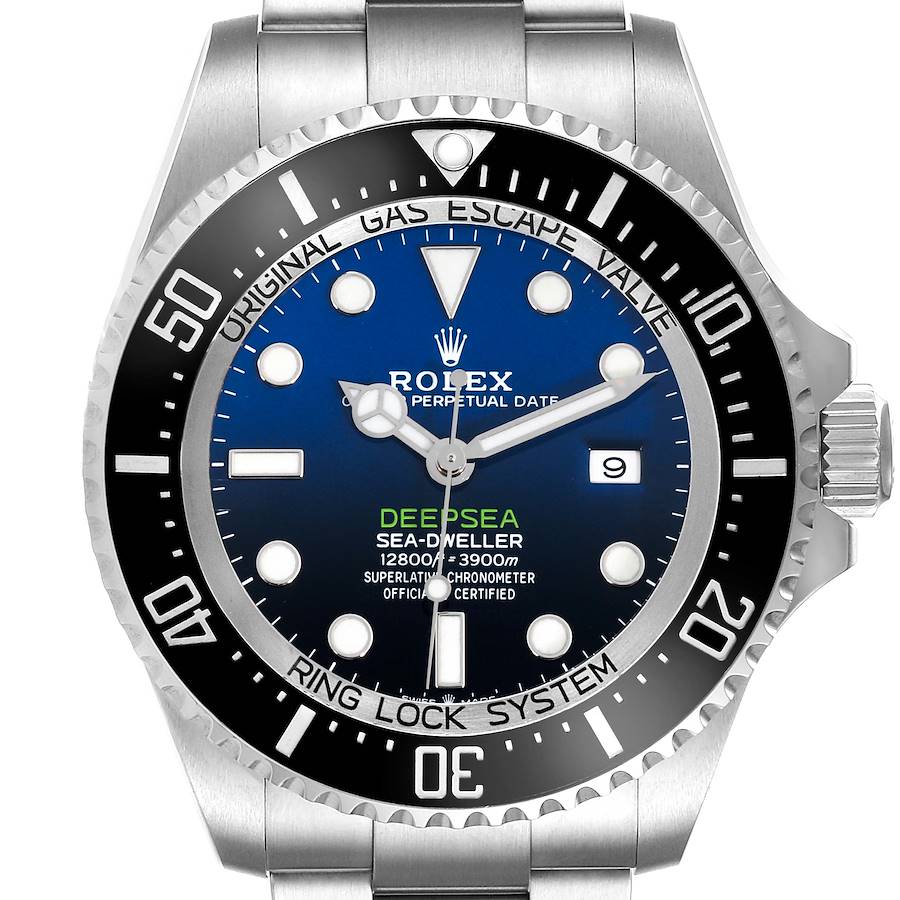 The Rolex Sea-Dweller watch is shown from a front view, displaying the bezel, dial, hands, and date window.