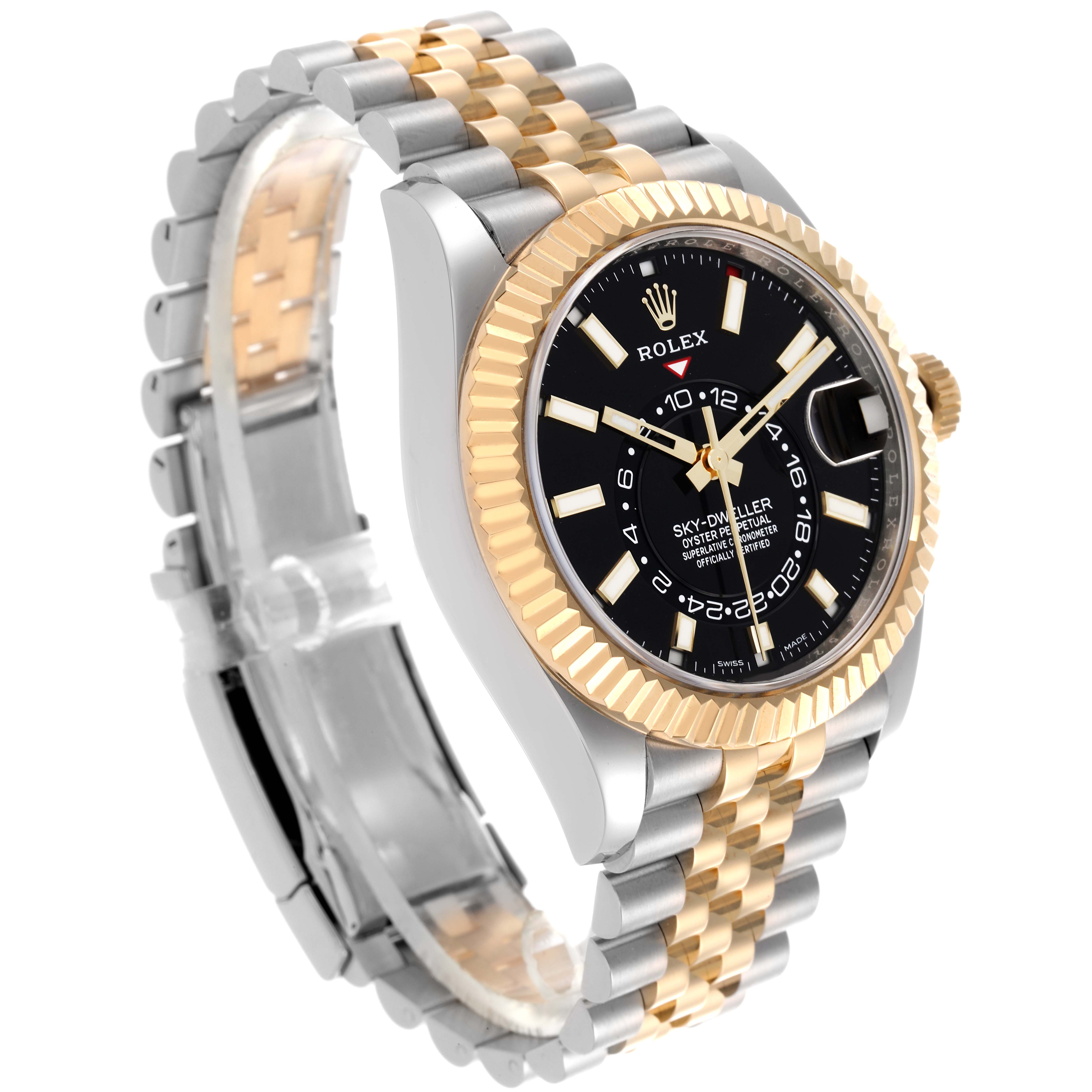 The Rolex Sky-Dweller 326933 Men
s Steel and Gold (two tone) Black Dial 326933 Men
s Steel and Gold (two tone) Black Dial is shown at a side angle, displaying its two-tone bracelet, fluted bezel, and black dial with a date feature.